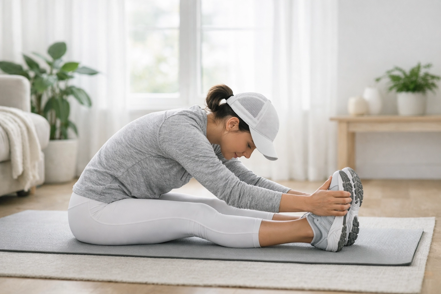 Marathon runner stretching on yoga mat during rest day recovery session