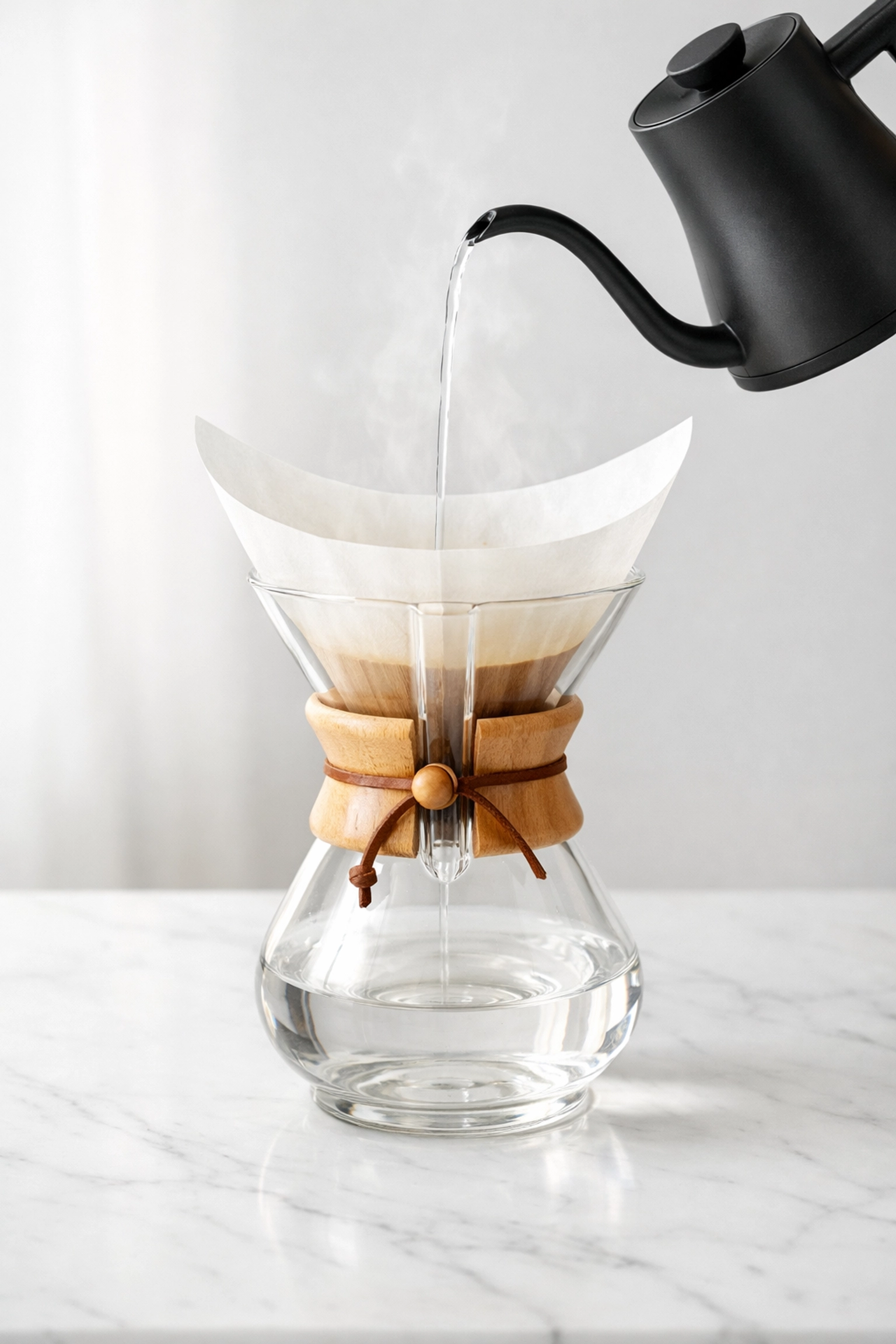Pouring filtered water into a Chemex coffee brewer for a clean and clear flavour profile.