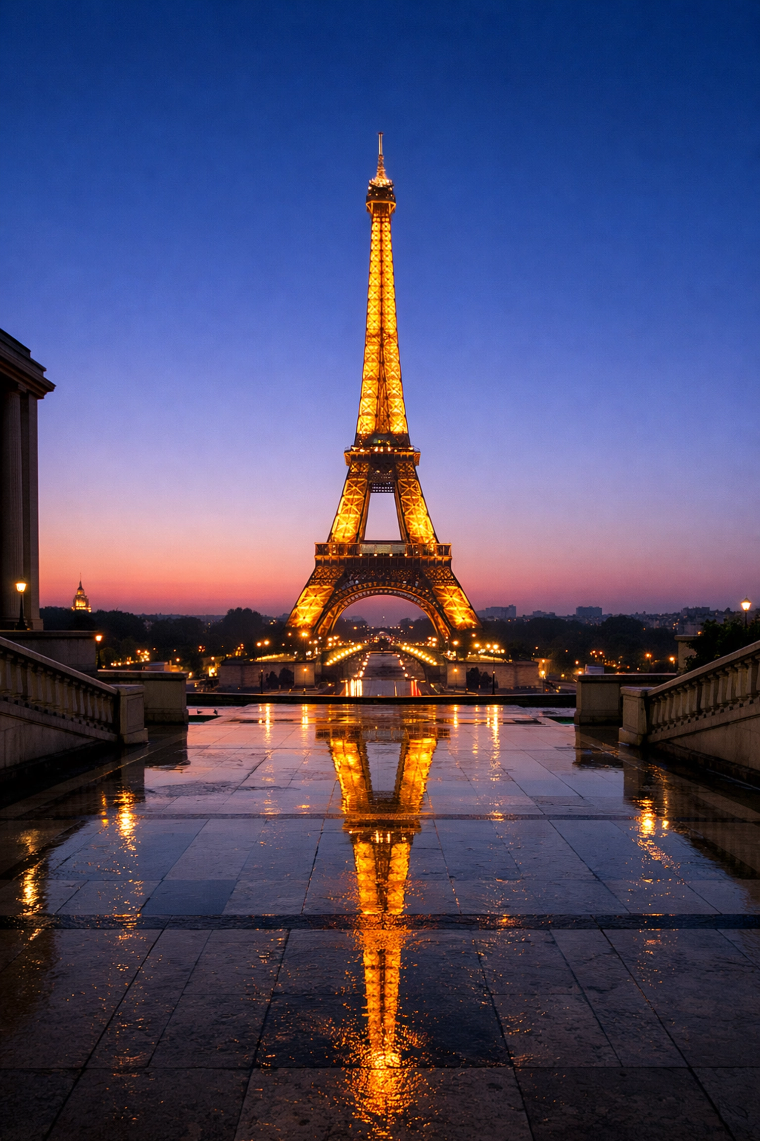 Eiffel Tower at sunrise from Trocadéro, an iconic instagrammable place for photographers.