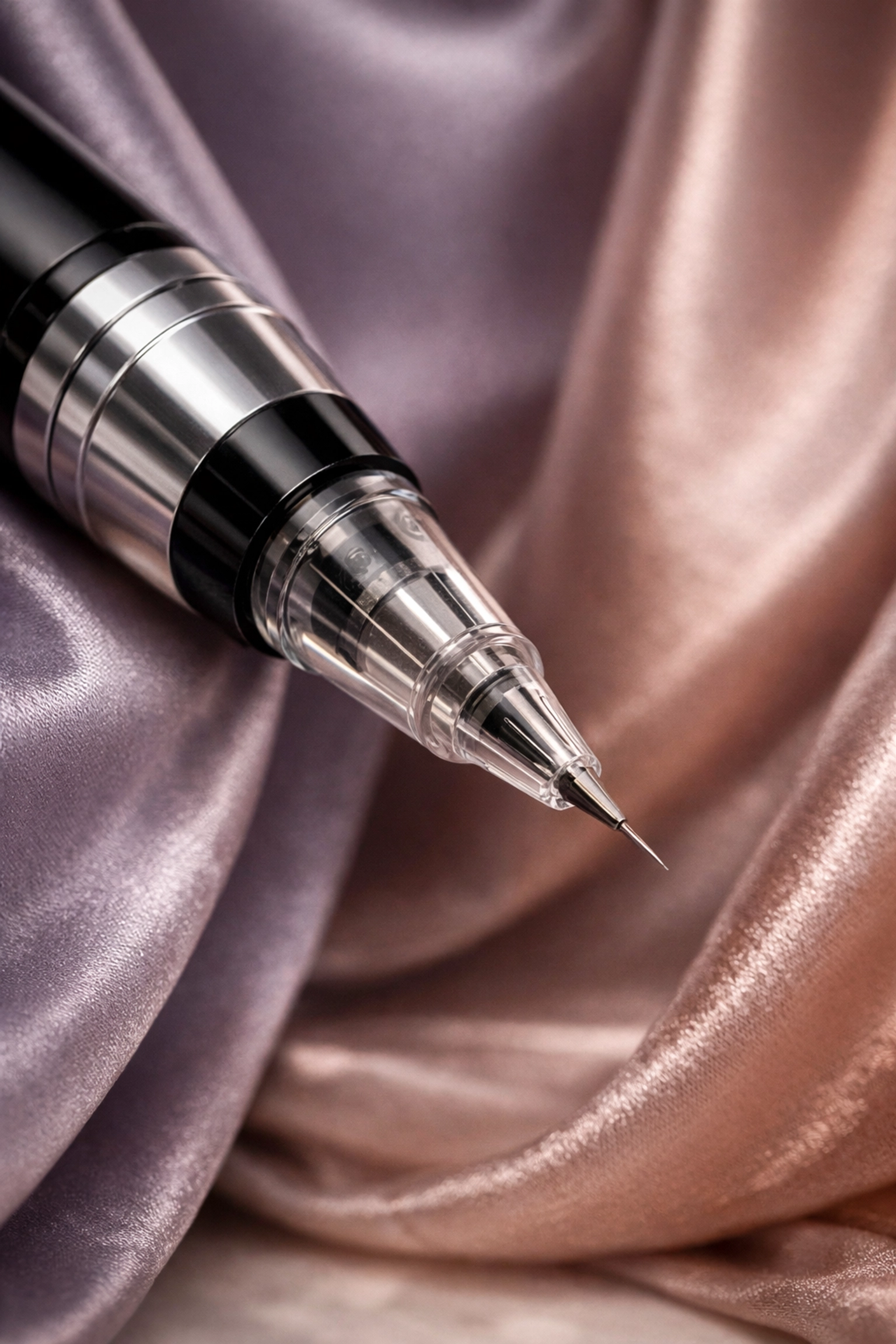 Close-up of a high-precision digital nano brow machine needle against a luxury silk background.