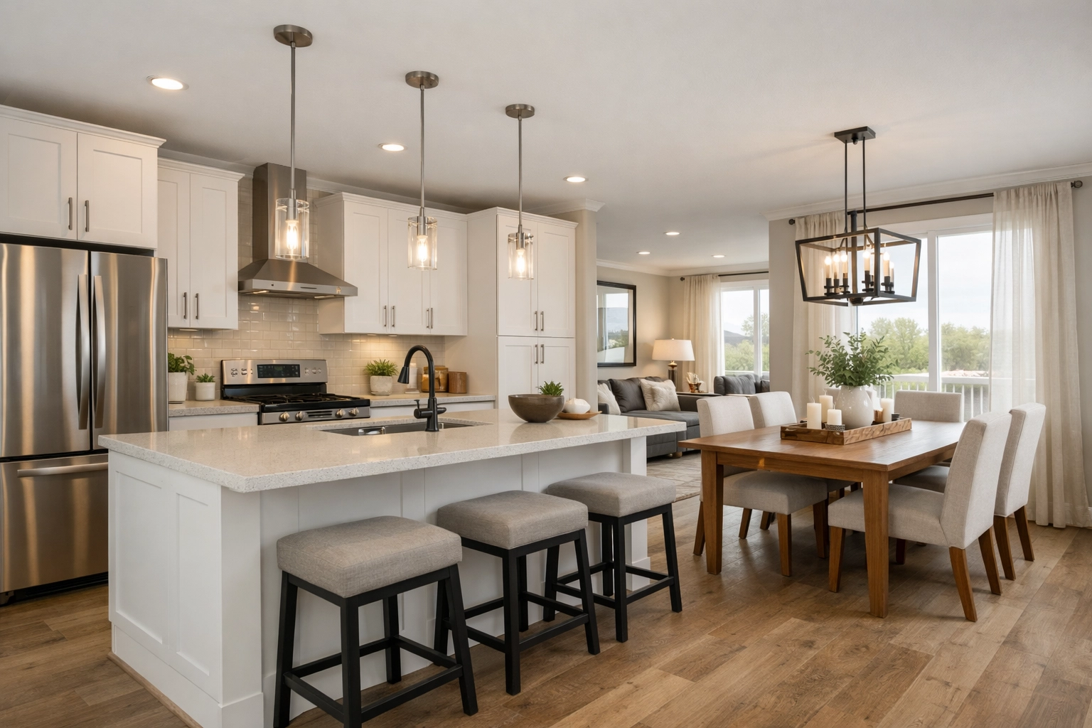 Spacious open-concept kitchen with white cabinets inside a modern Piney Woods manufactured home.