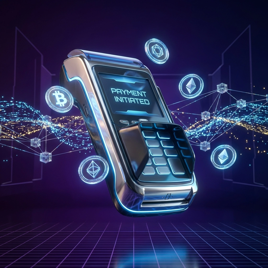 Futuristic crypto payment terminal surrounded by digital Bitcoin and Ethereum symbols, highlighting innovative Web3 processing.
