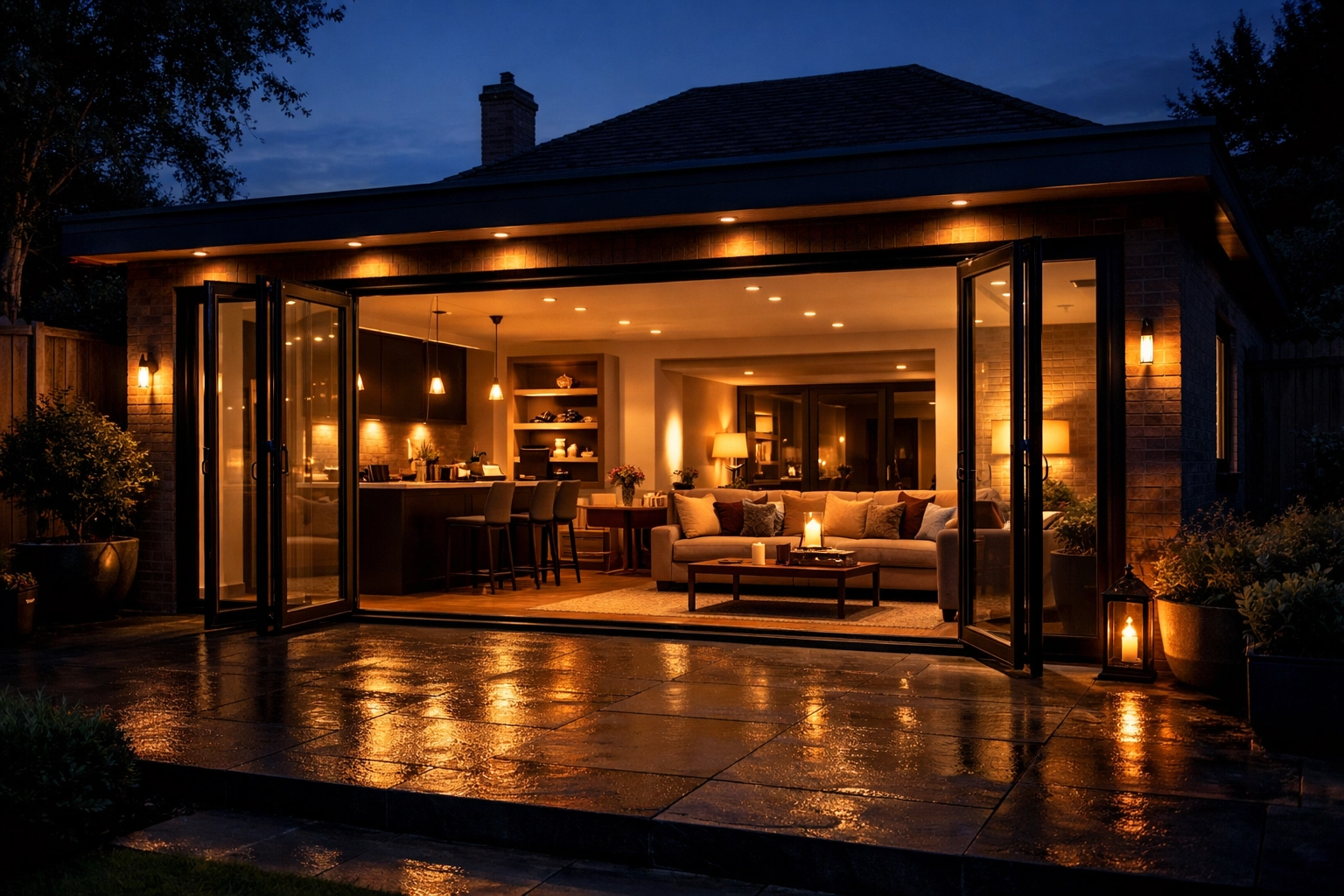 Luxury single-storey rear extension in Bognor Regis featuring modern glass bi-fold doors.