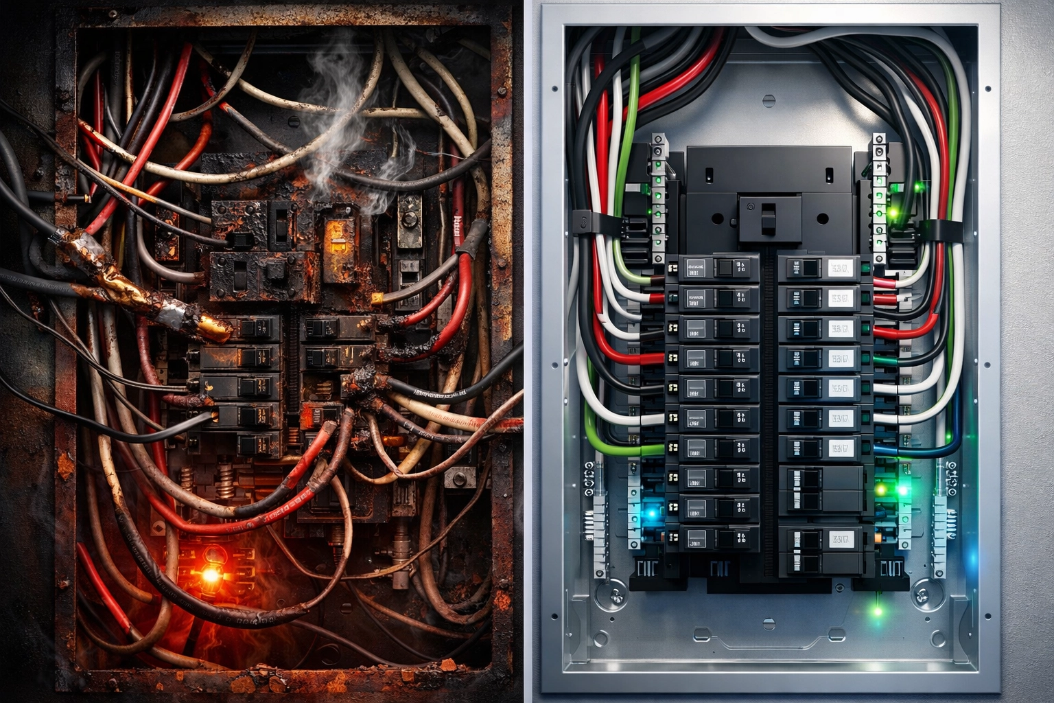 Comparison of poorly installed electrical panel versus professional code-compliant panel installation