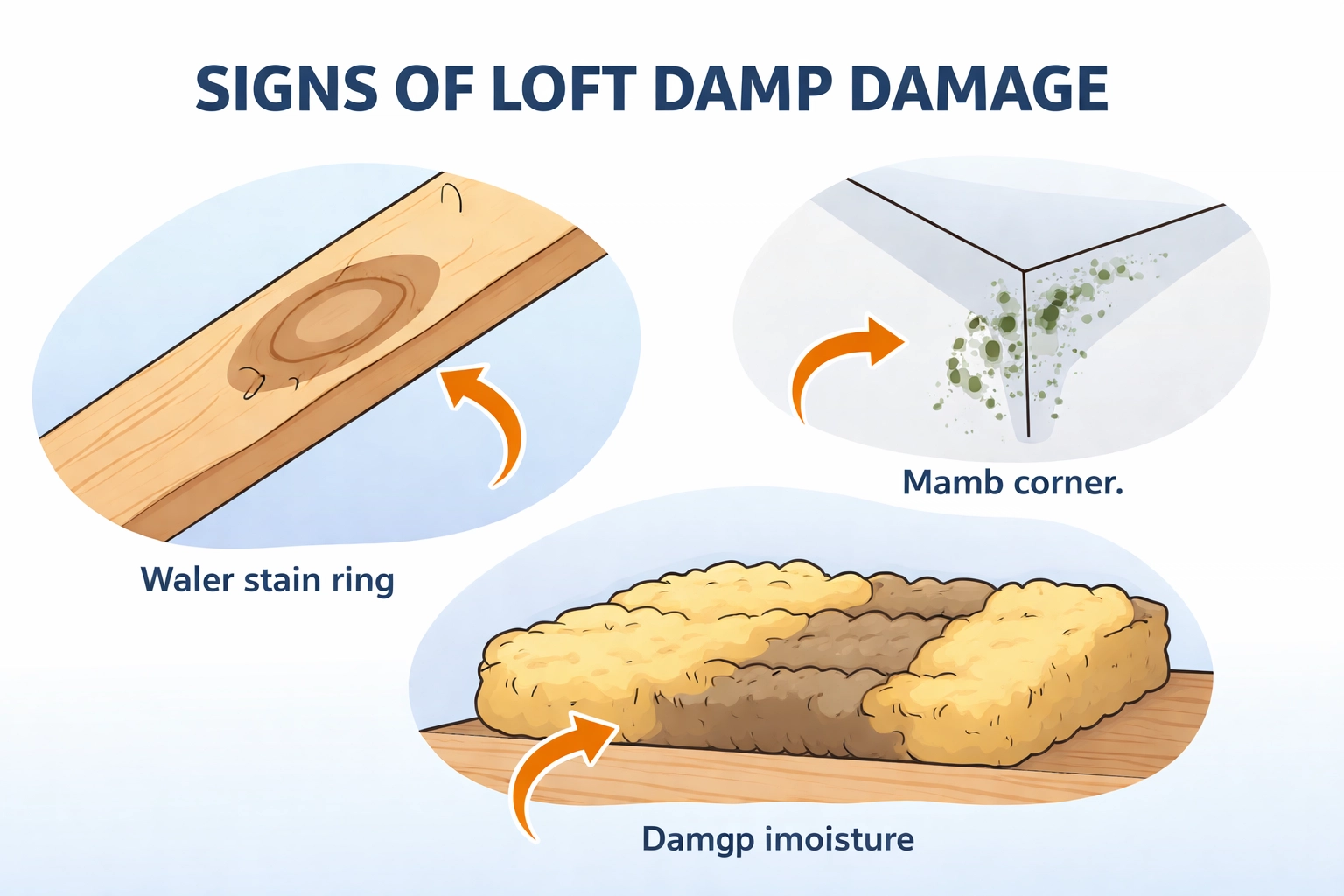 Visual guide highlighting water stains, mould, and damp insulation as signs of loft moisture damage.