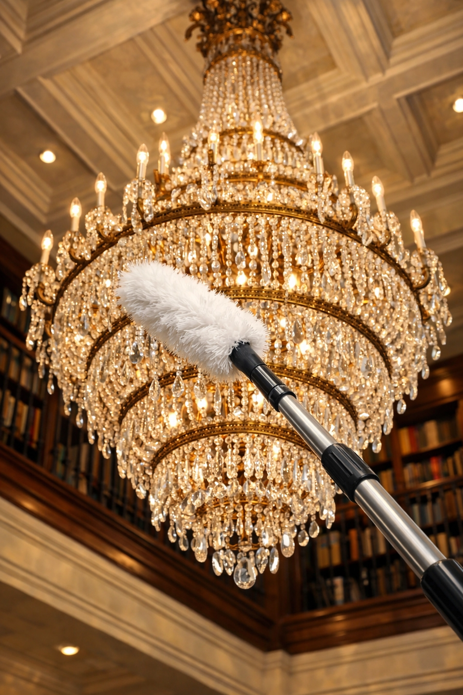Professional dusting of a crystal chandelier during luxury house cleaning in Dover MA.