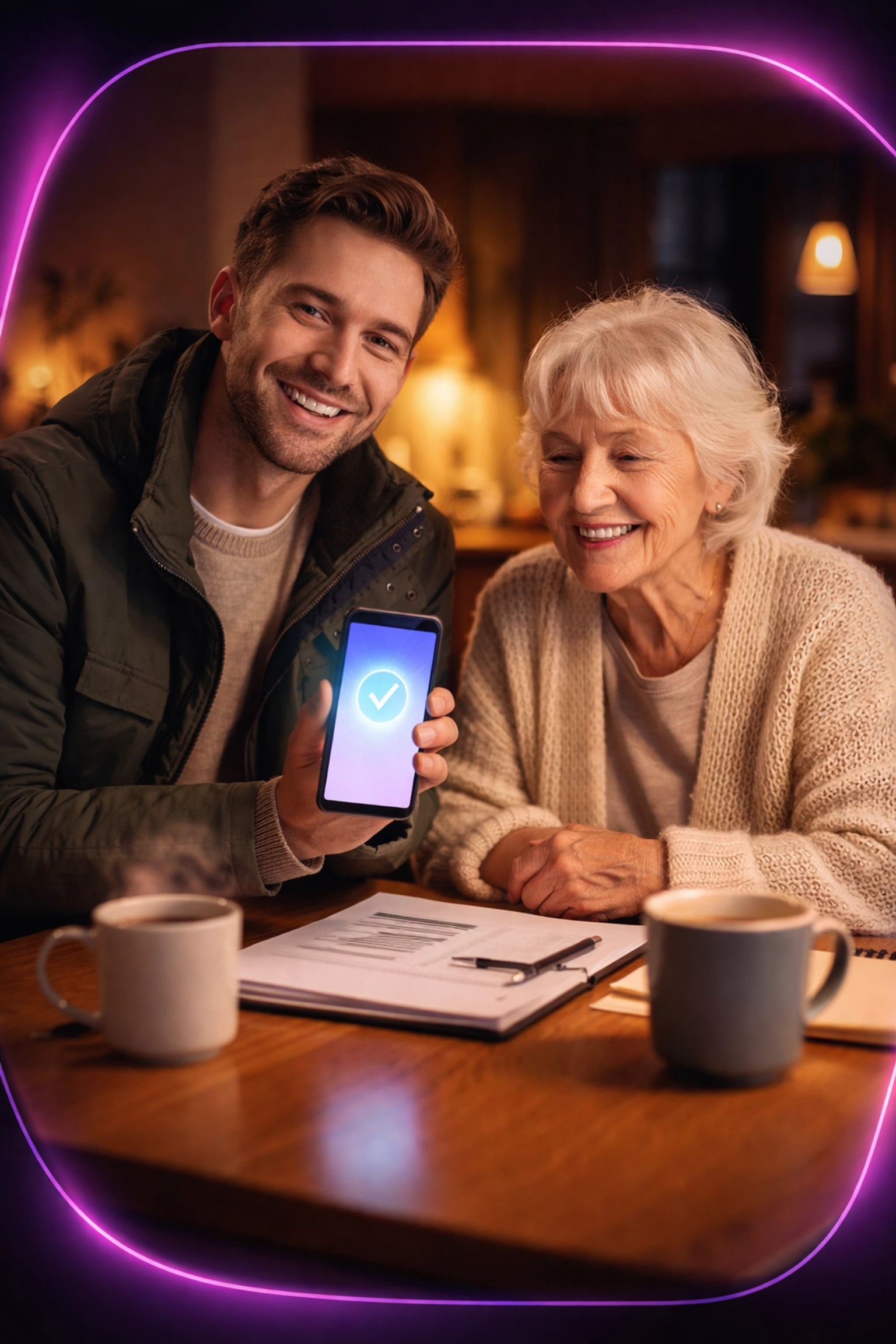 Insurance agent using a mobile app with a customer at a kitchen table, highlighting tech-powered convenience.
