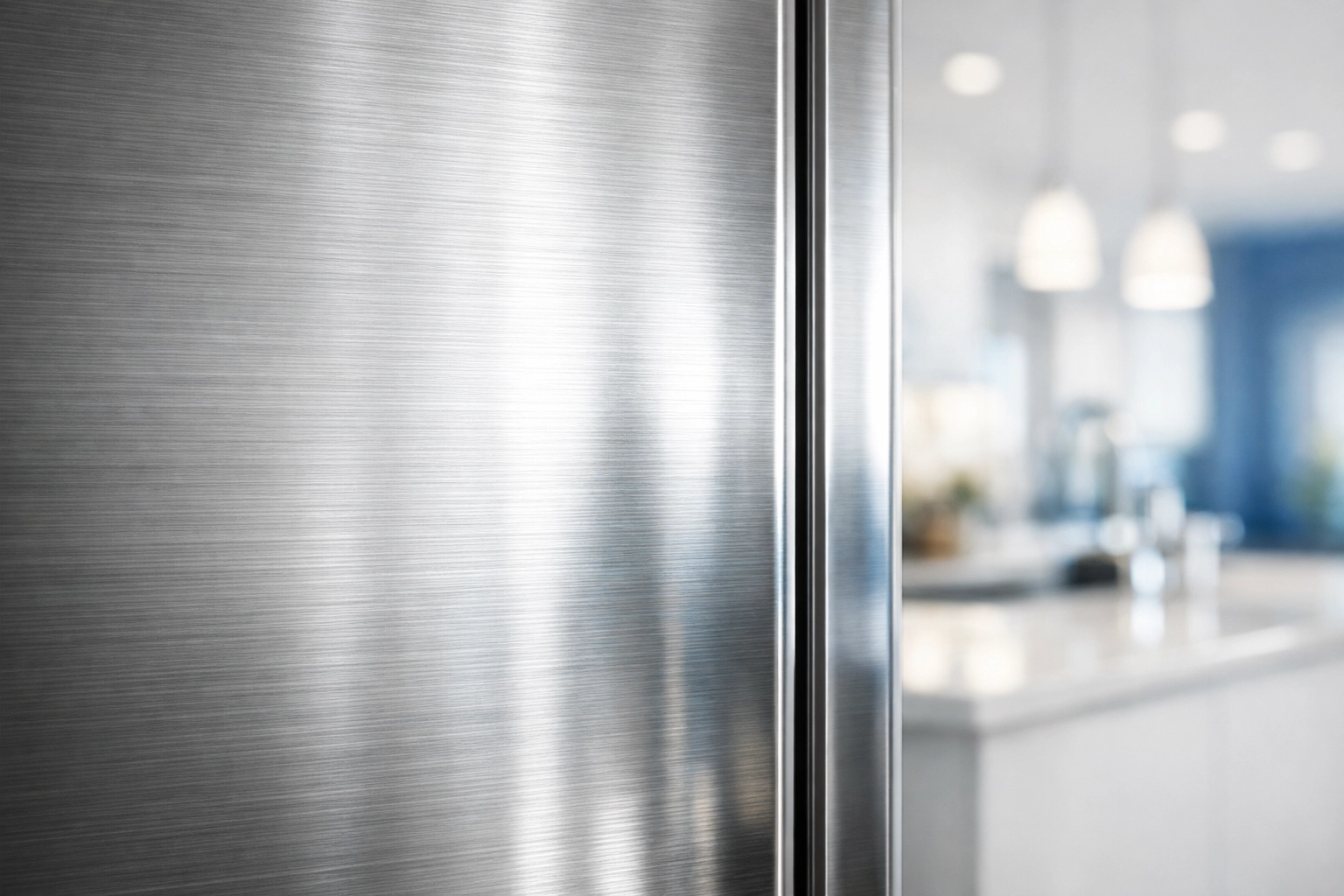 Close-up of a polished stainless steel refrigerator showing a mirror-like shine and grain.