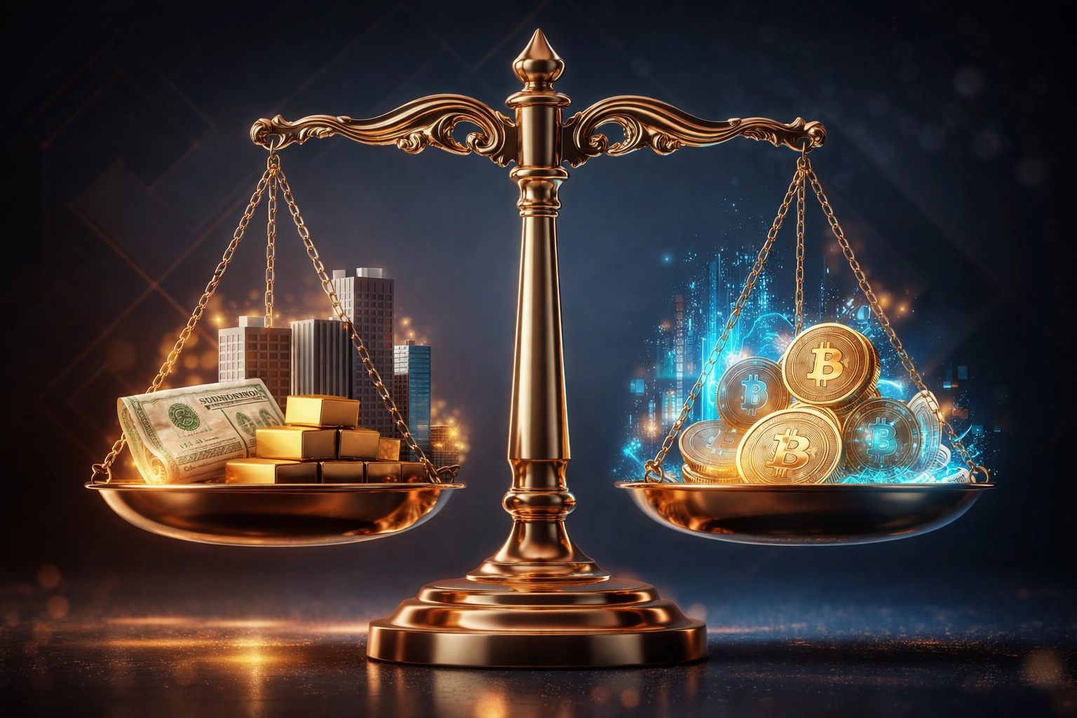 Balanced scale weighing traditional assets and digital investments, highlighting portfolio diversification for accredited investors.