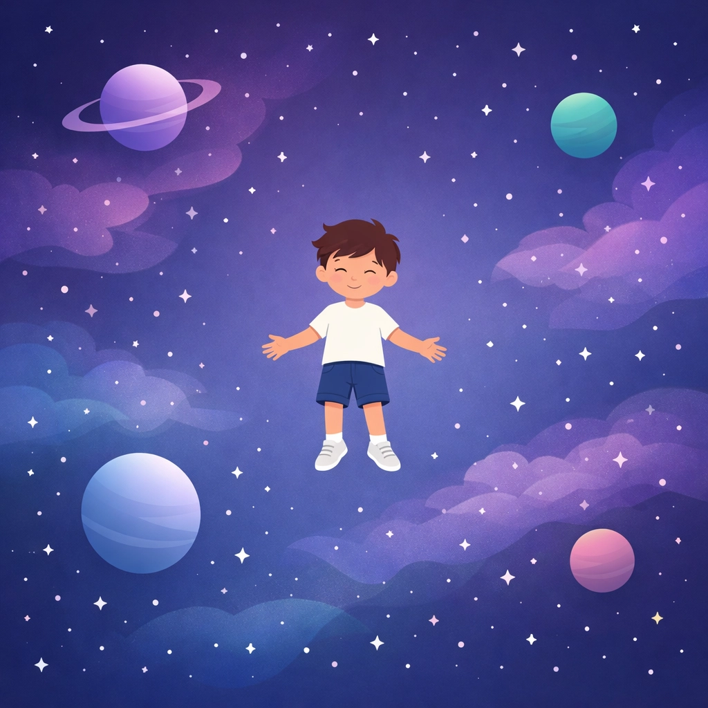 Young boy floating in starry cosmos - Elio Christian review illustration