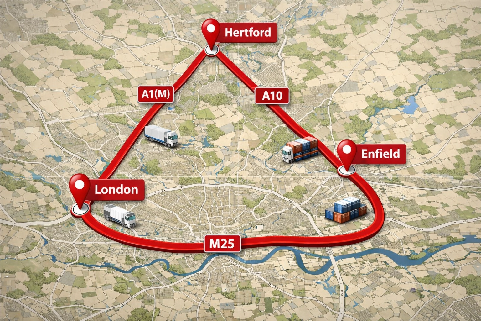 Map showing London, Hertford, and Enfield logistics triangle with major motorway connections