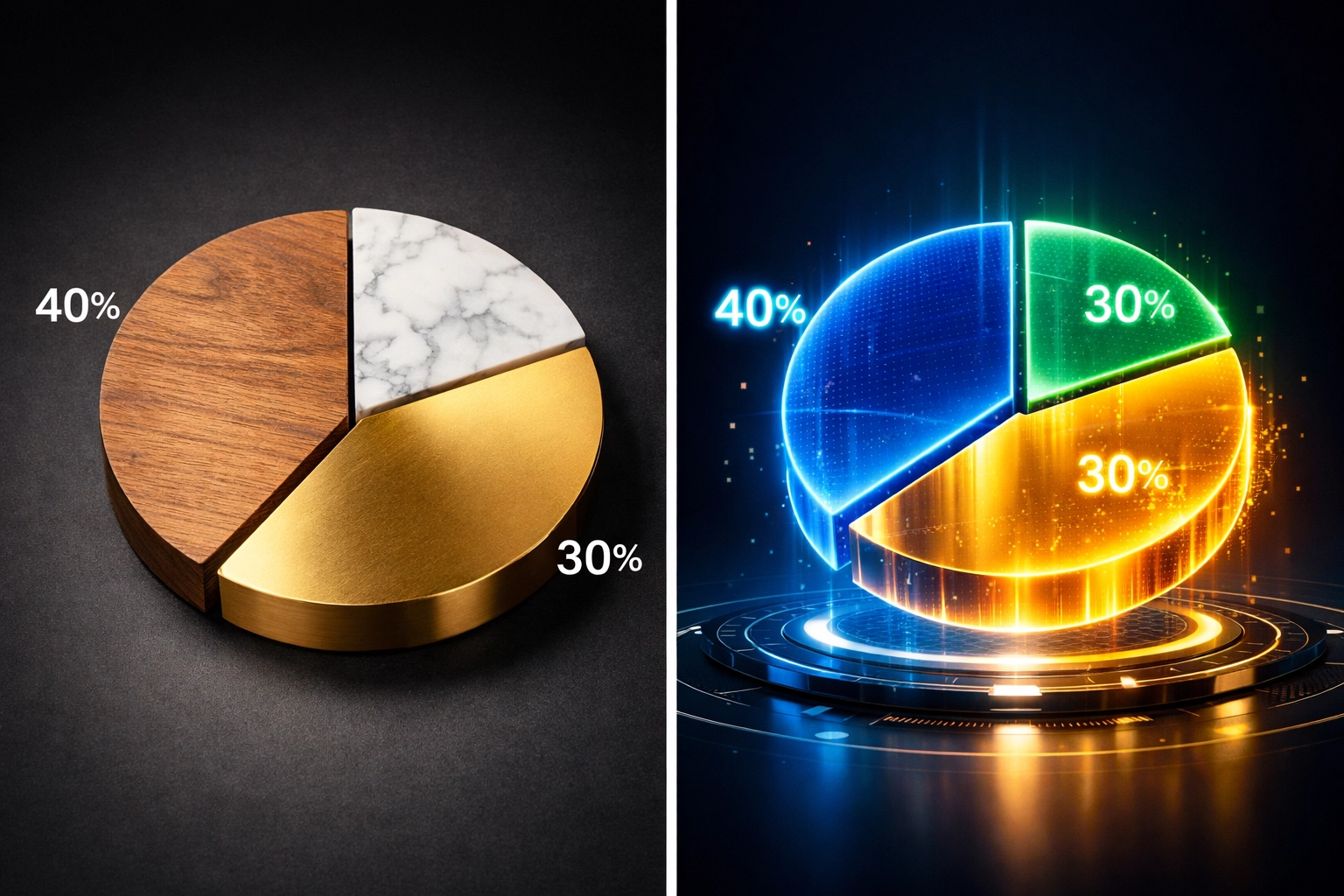 Traditional versus modern portfolio allocation model showing 40/30/30 diversification strategy