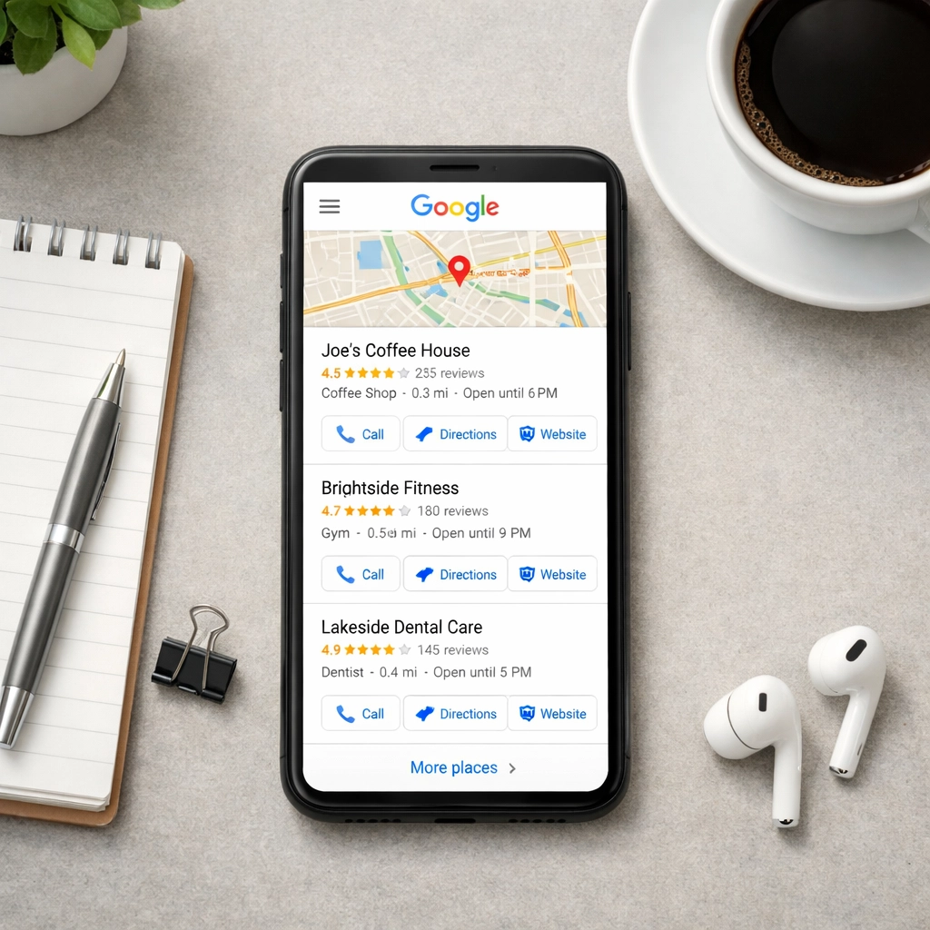 Smartphone displaying Google Map Pack with three business listings on desk workspace