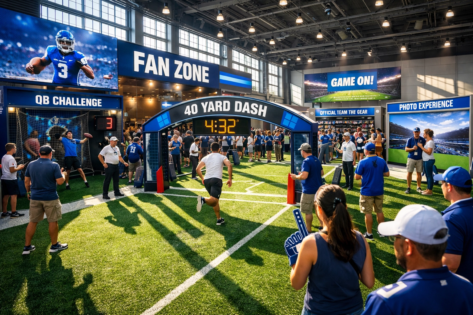 A bustling premium fan activation zone with turf and digital displays during the Super Bowl 2026 event.