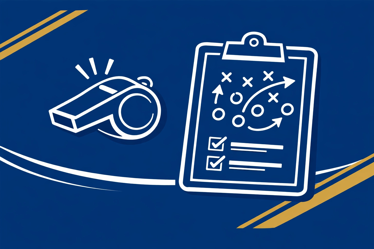 Flat sports graphic of a whistle and playbook (no people), representing coaching leadership and execution