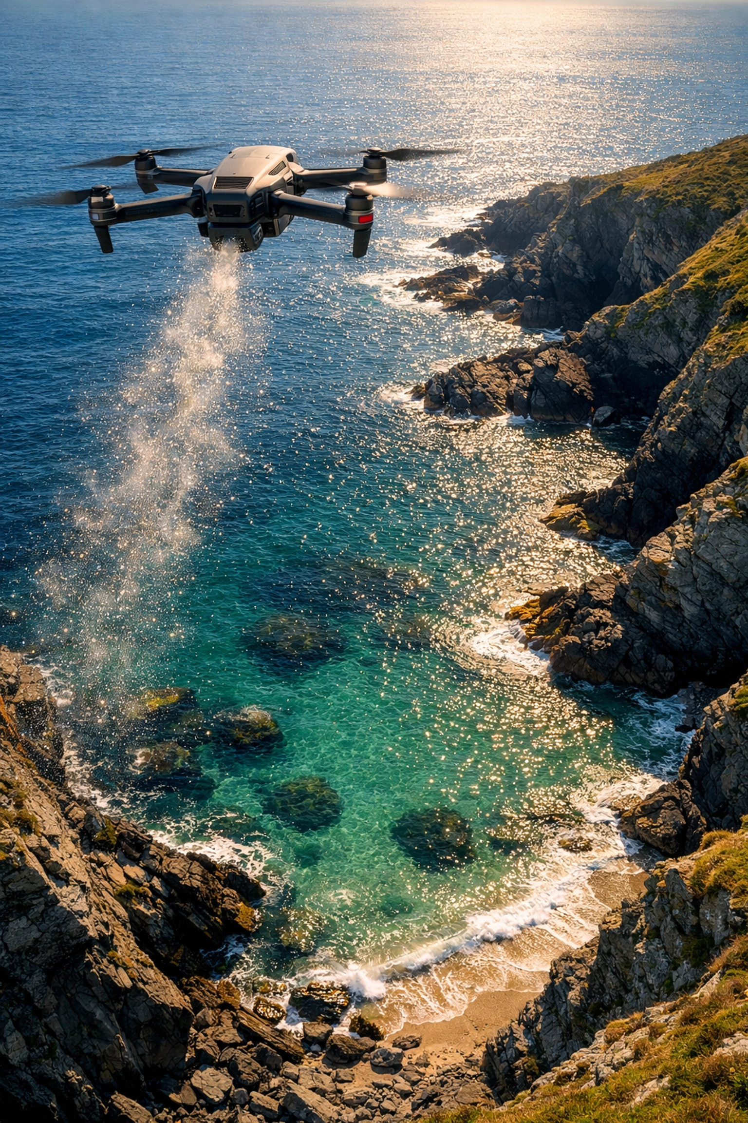 Drone scattering ashes over the turquoise water and cliffs of Fox Cove in North Cornwall.