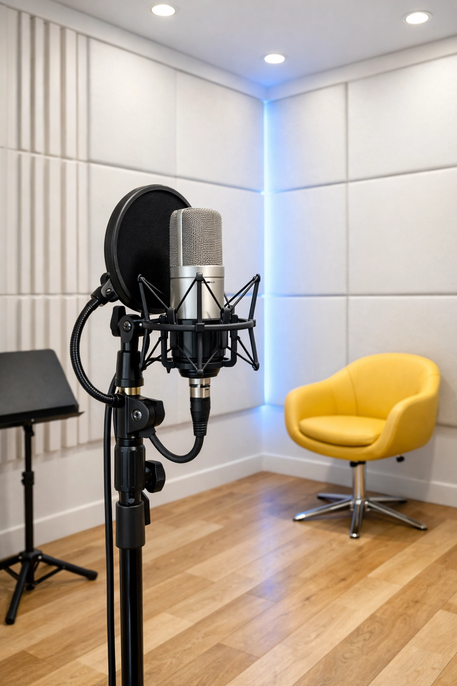 Sanitized vocal recording booth with clean acoustic panels and a polished wood floor.