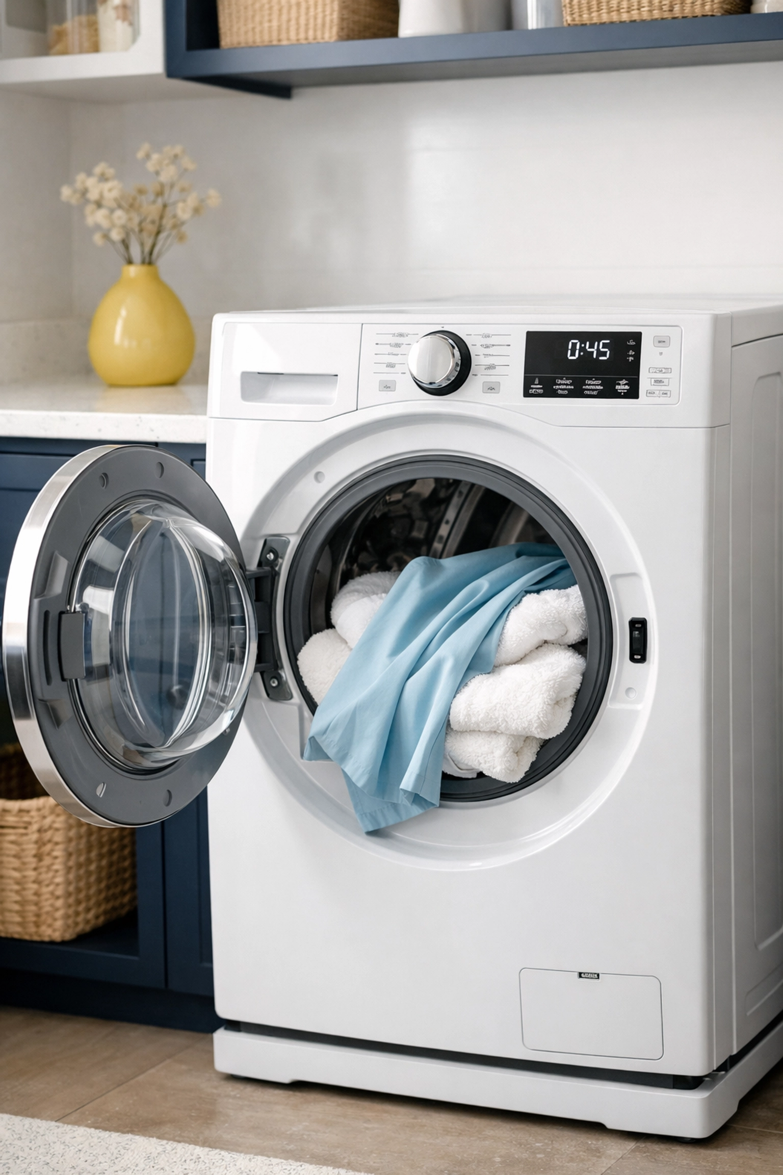 Washing a light blue shower curtain and towels in a modern machine for mold removal tips.
