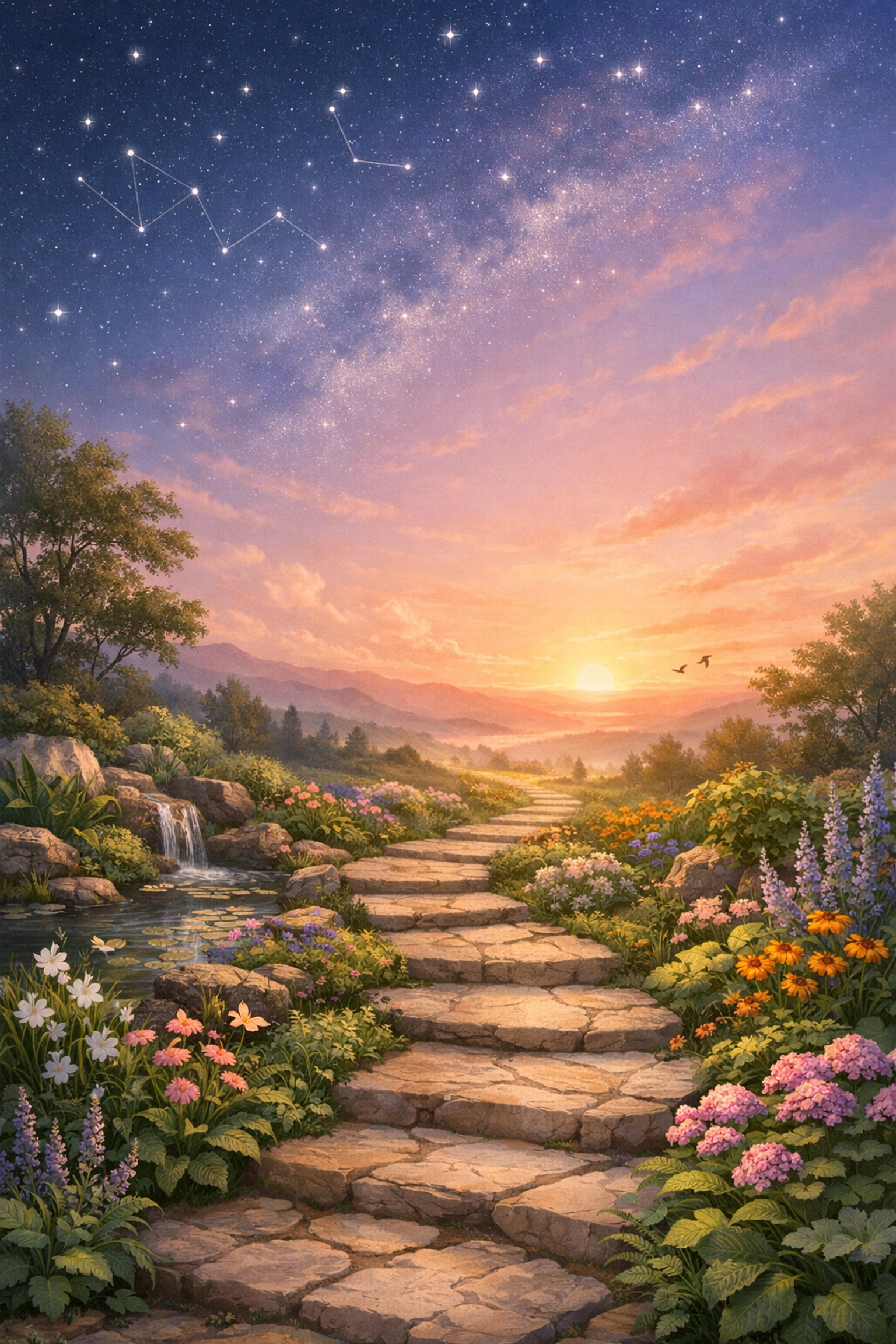 A winding path through a lush garden toward a sunrise, illustrating a journey of personal transformation.