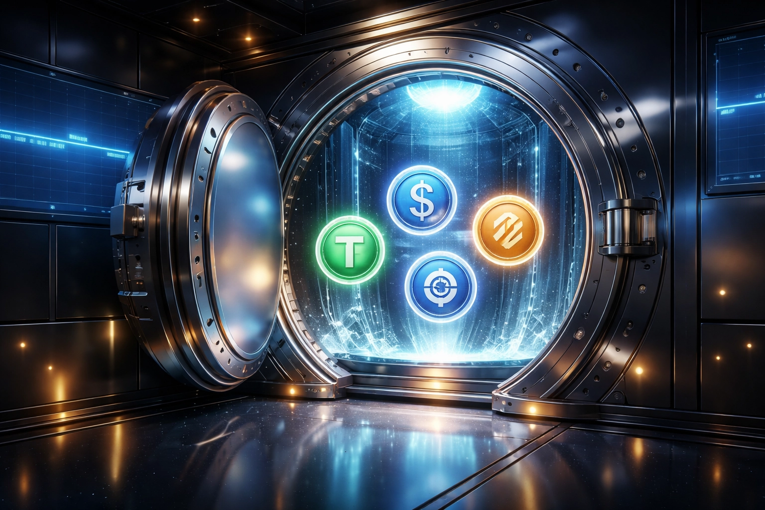 Stablecoin security illustrated by digital vault and floating tokens, highlighting LUSD stability in crypto payments.