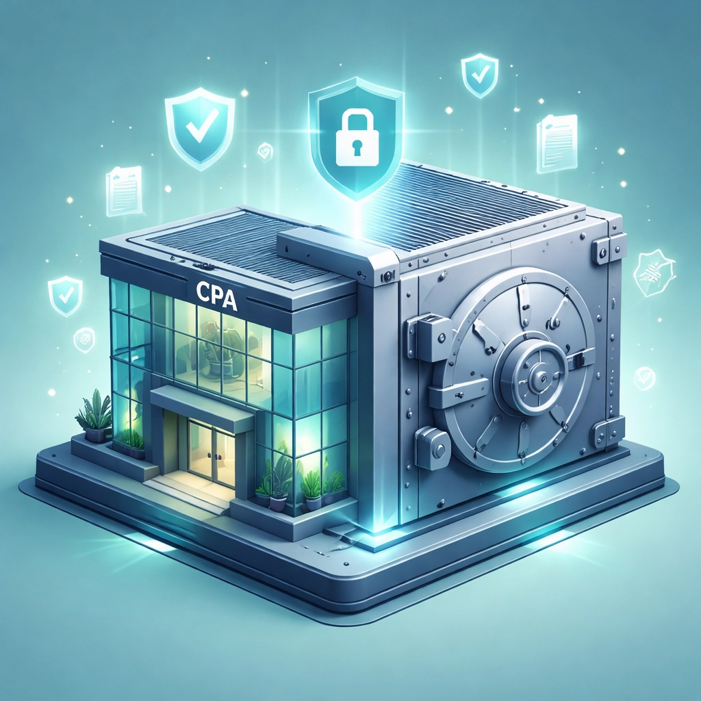 CPA office building merging into a secure bank vault, symbolizing financial data protection for tax professionals