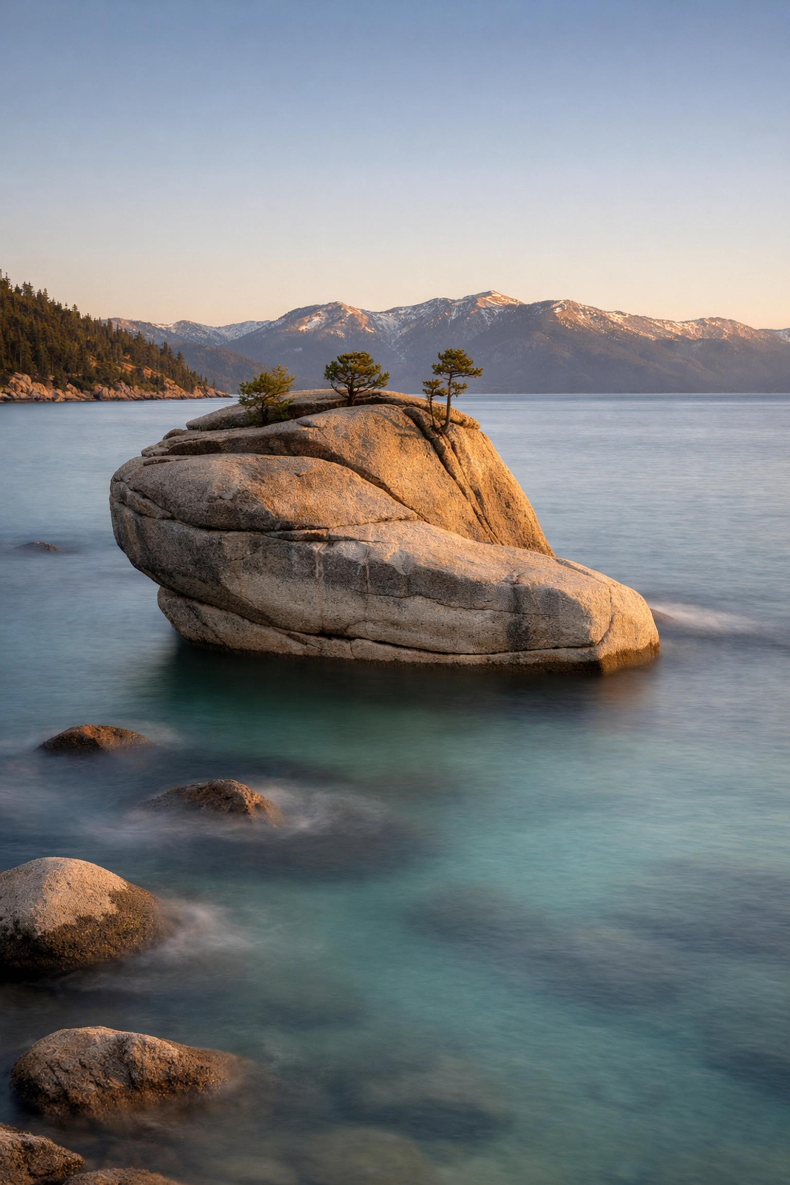 Ethereal long exposure of Bonsai Rock in Lake Tahoe with turquoise water and granite boulders.