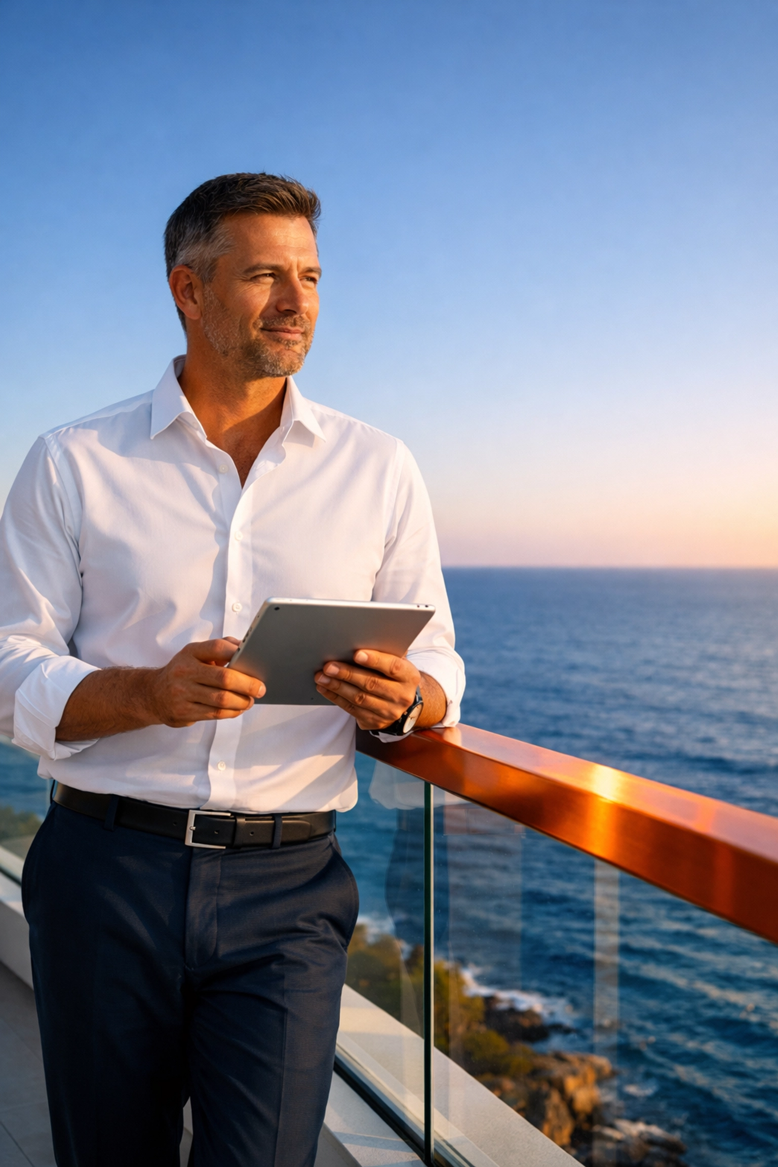 Confident business owner on a balcony with a tablet, symbolizing a turnkey business with owner optionality.
