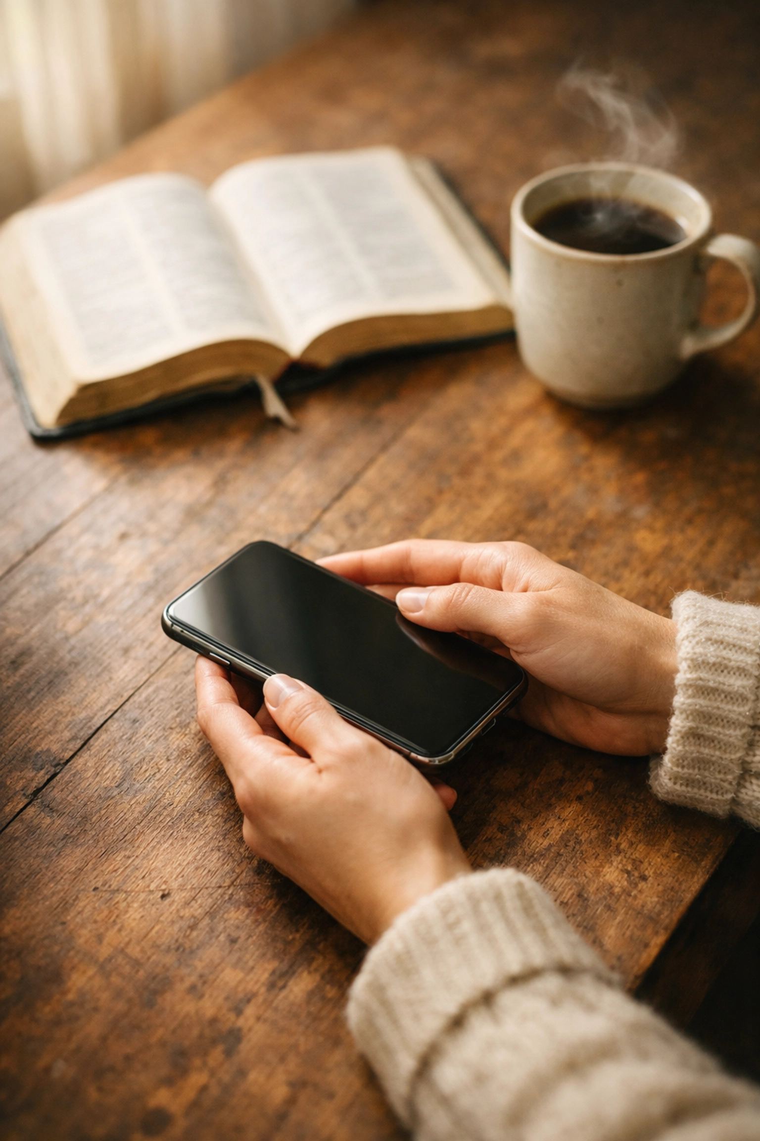 Person setting phone aside with Bible and coffee, choosing peace over news overload