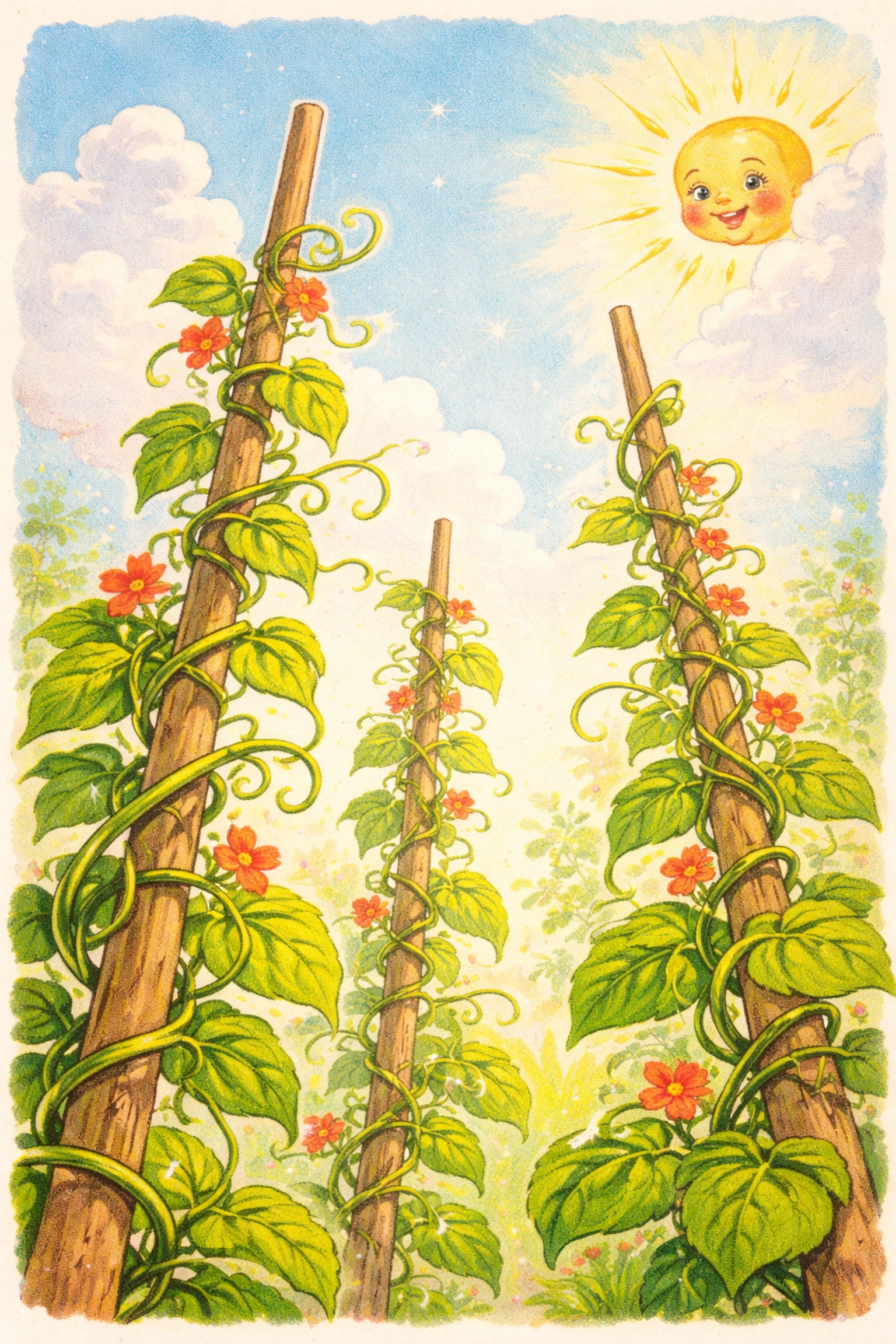Bean vines spiraling up tall stakes with red flowers reaching toward the sky on a sunny day
