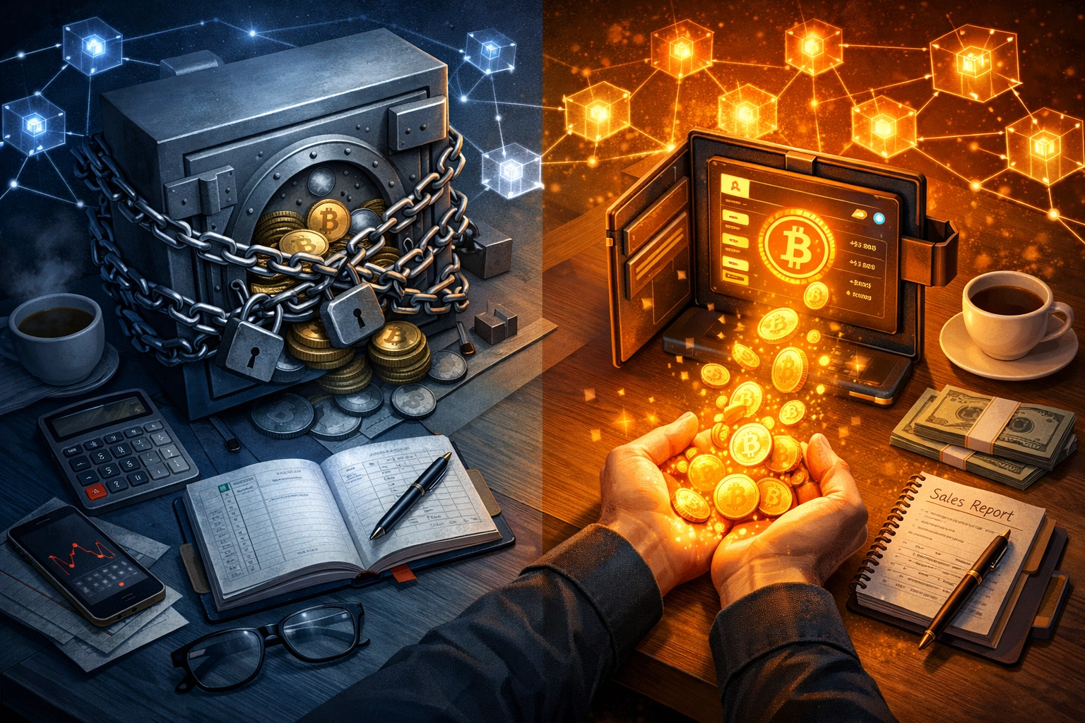 Custodial crypto vault vs self-custody wallet showing merchant payment control