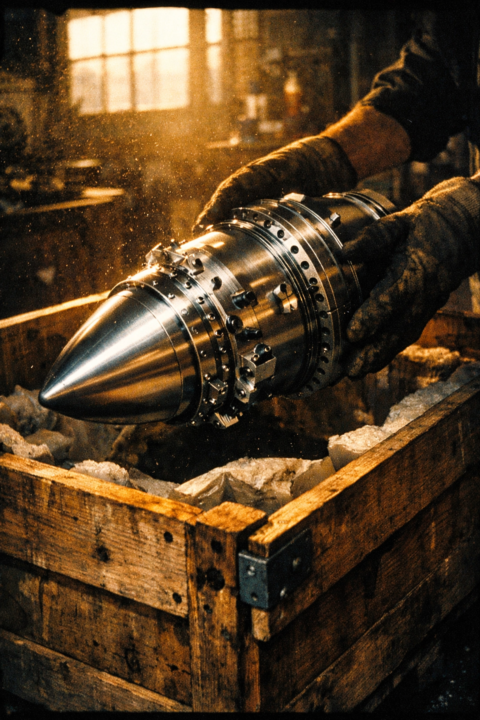 High-precision aerospace component being packed for shipping in a Connecticut manufacturing facility.