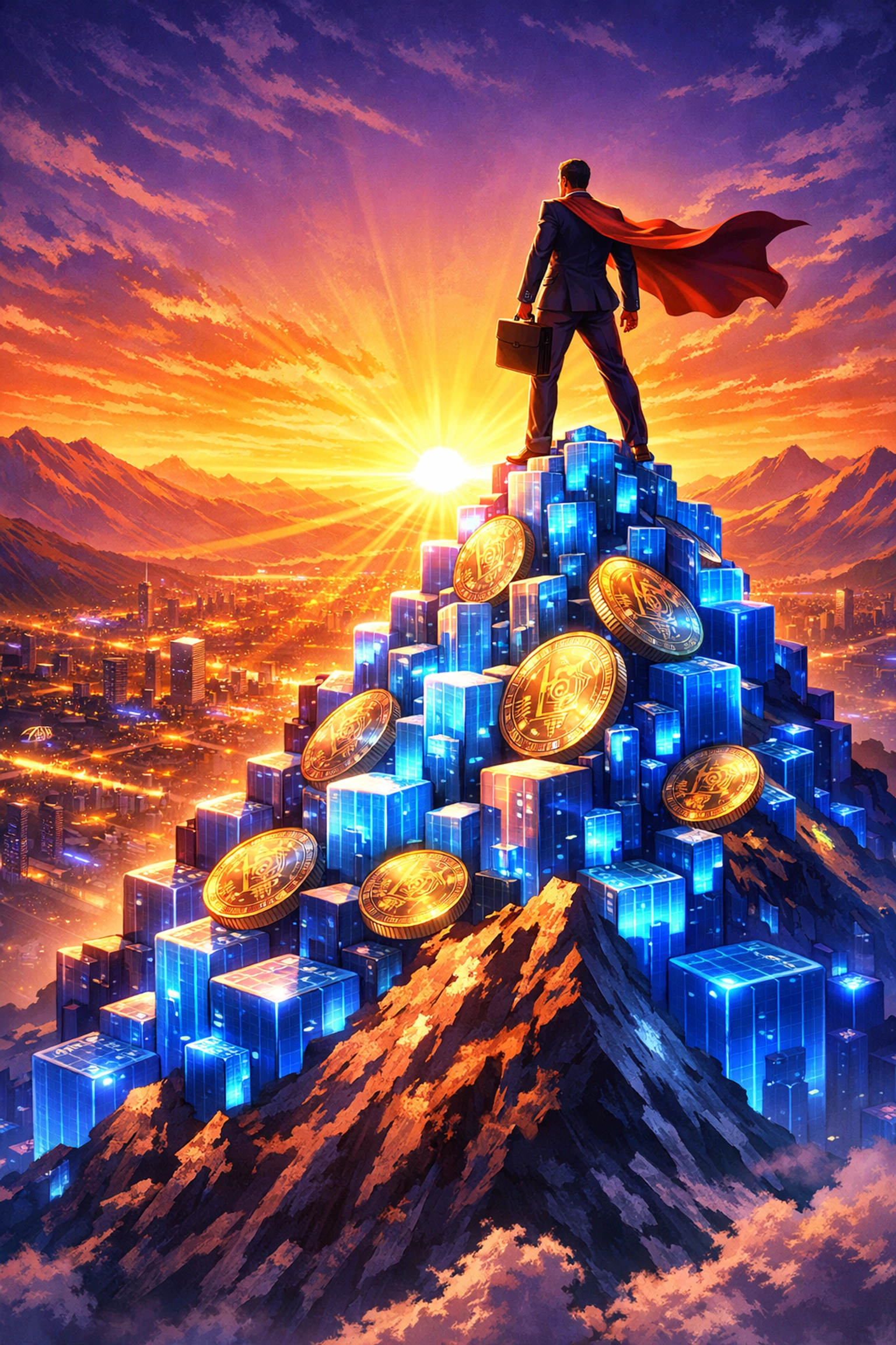 Business champion standing on digital data representing optimized B2B cash flow and growth.