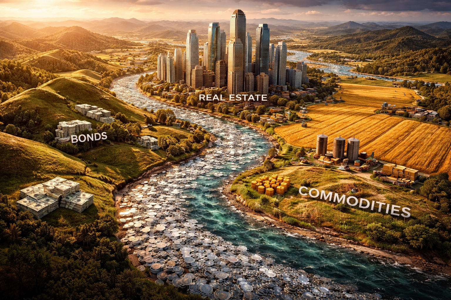 Aerial view of diverse investment landscape with bonds, real estate, commodities, symbolizing strategic wealth allocation.