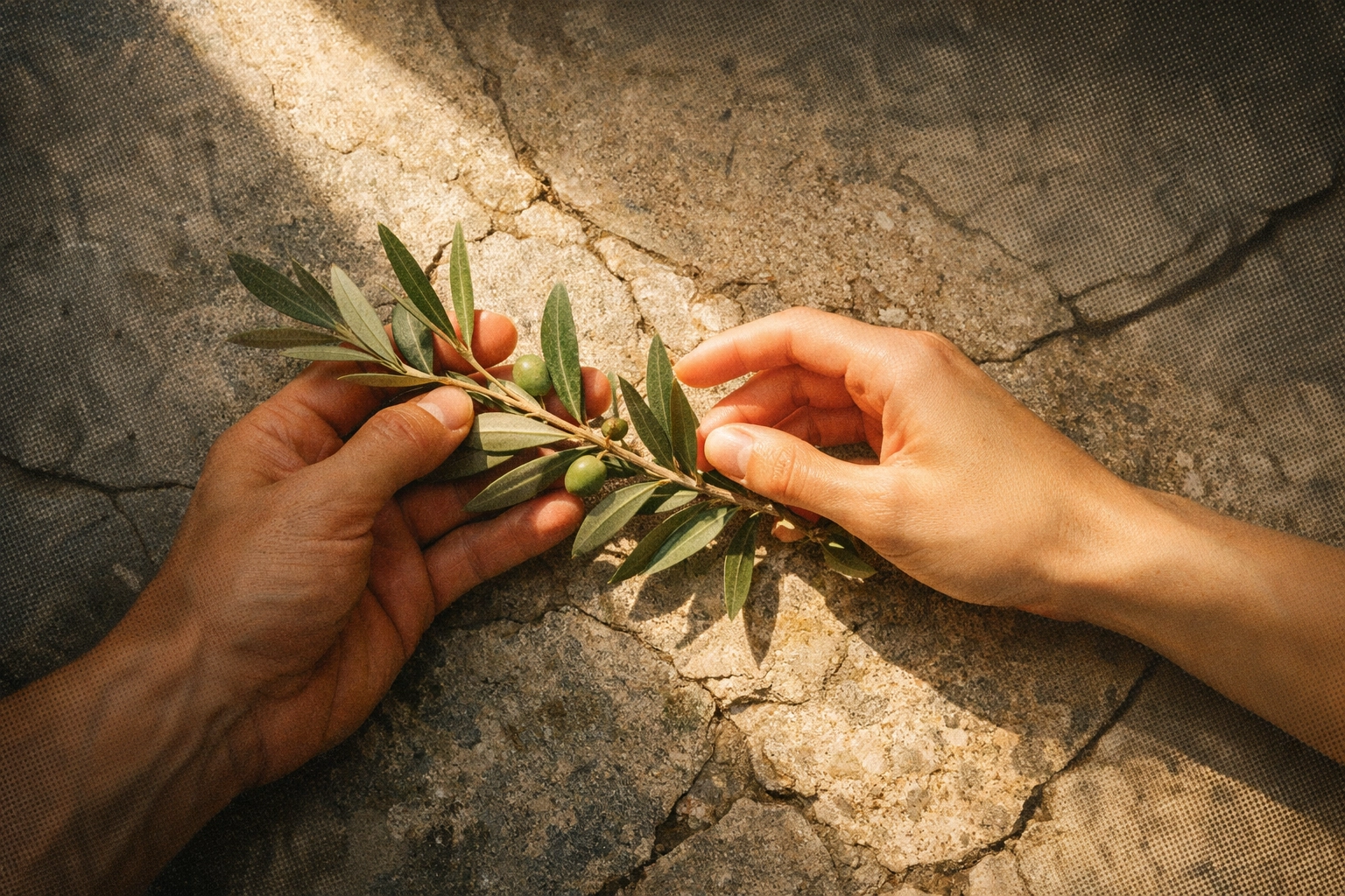 Close-up of hands holding an olive branch over stone, symbolizing peace and intercession during conflict.