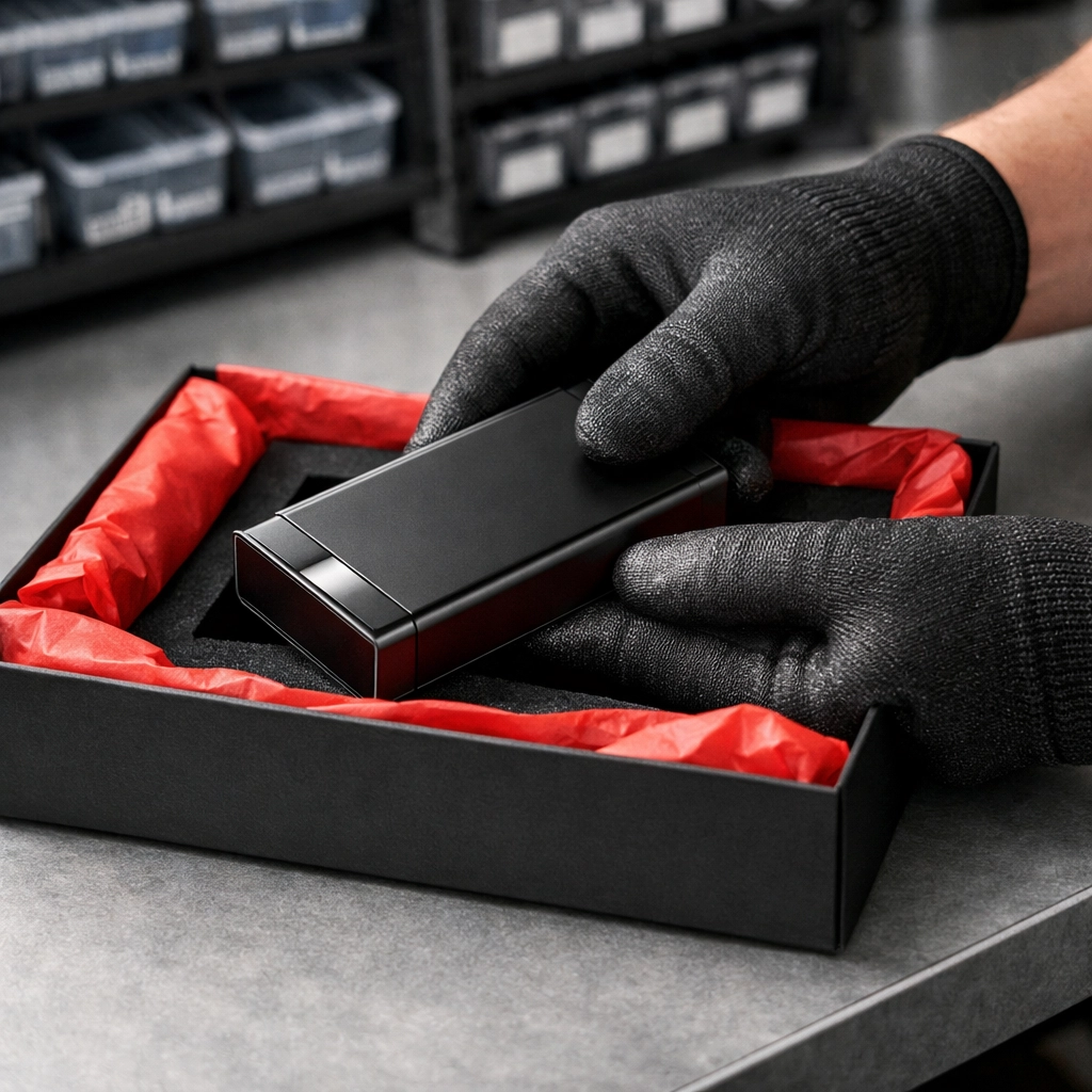 Professional kitting and assembly services in a clean warehouse environment for retail logistics.