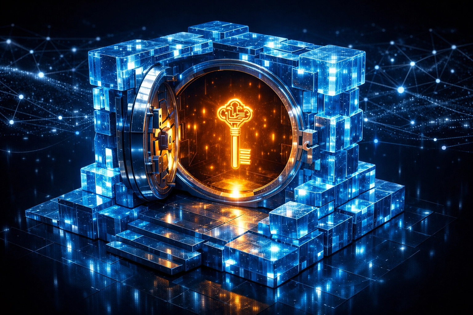 LareBlocks Layer 1 security architecture showing a digital vault and key for self-custody of Larecoin.
