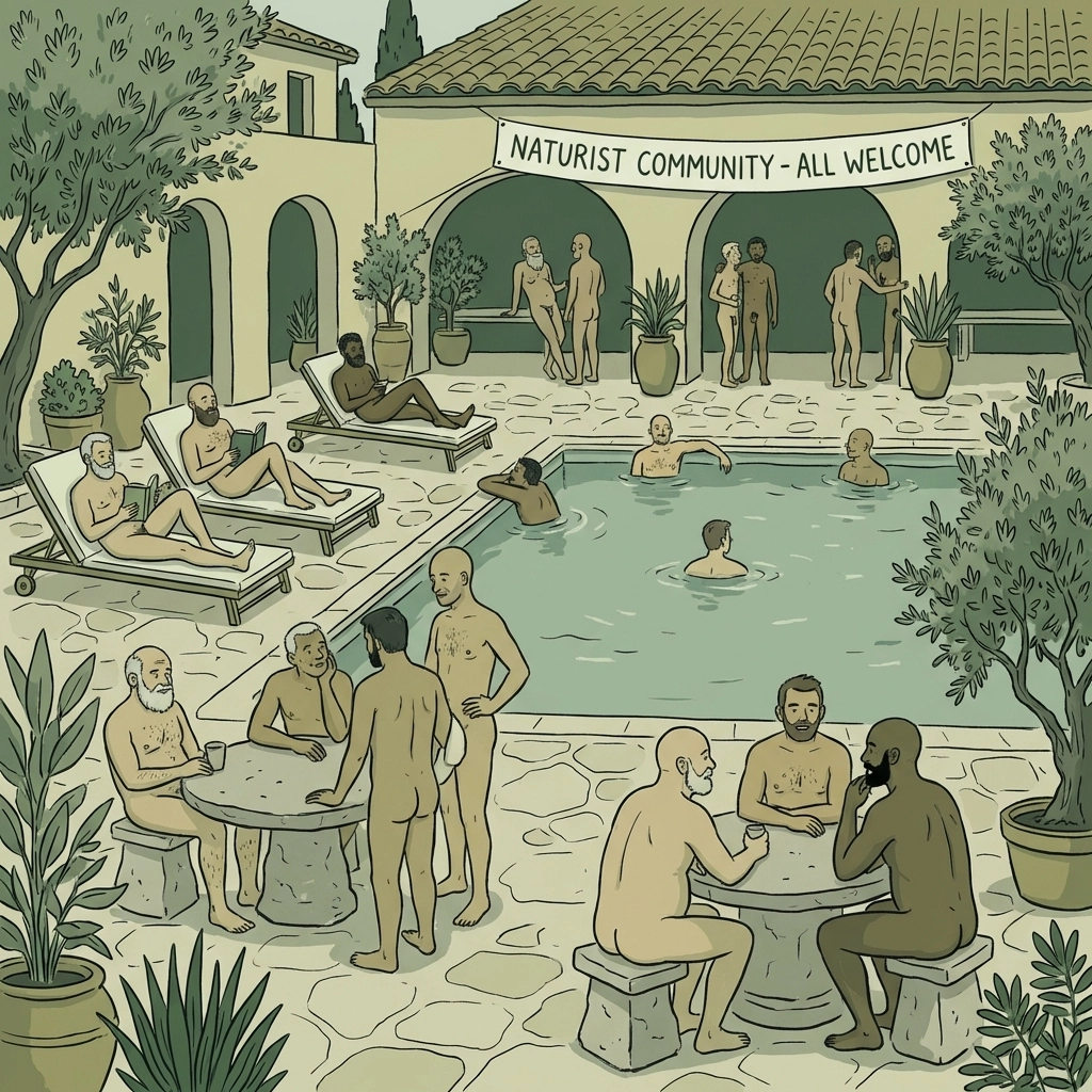 Diverse MM couples relaxing at naturist resort demonstrating normalized body acceptance