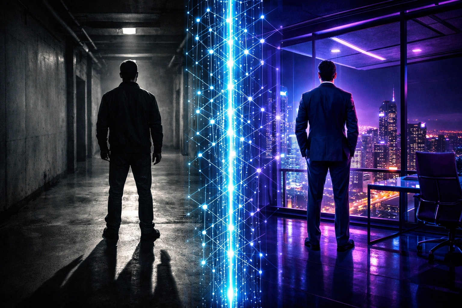 Man separating his natural self from an artificial business entity for commercial success.