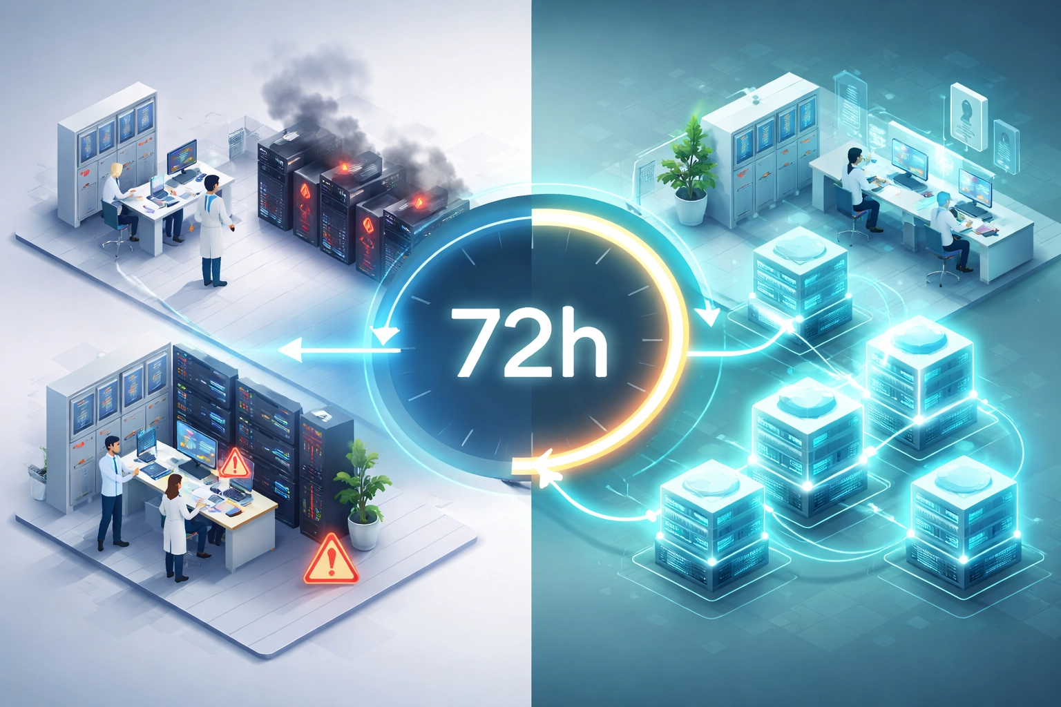 Healthcare disaster recovery showing facility restoration and 72-hour data backup recovery process