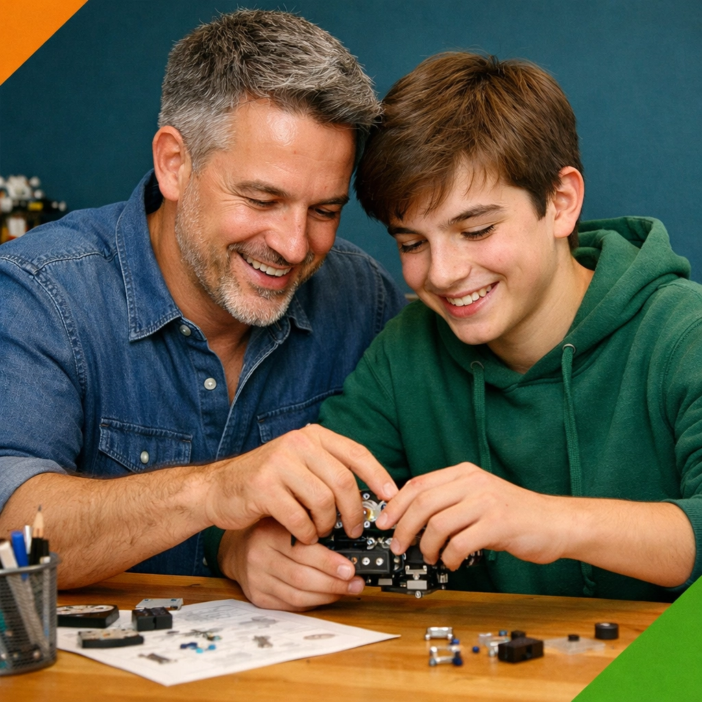 Father and son collaborating on a project, showing life skills mentorship and holistic development.