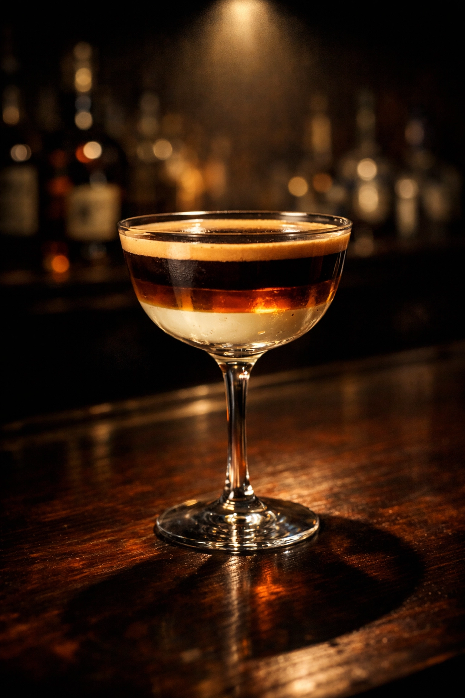 Layered coffee cocktail with espresso and whiskey in elegant glass on dark bar