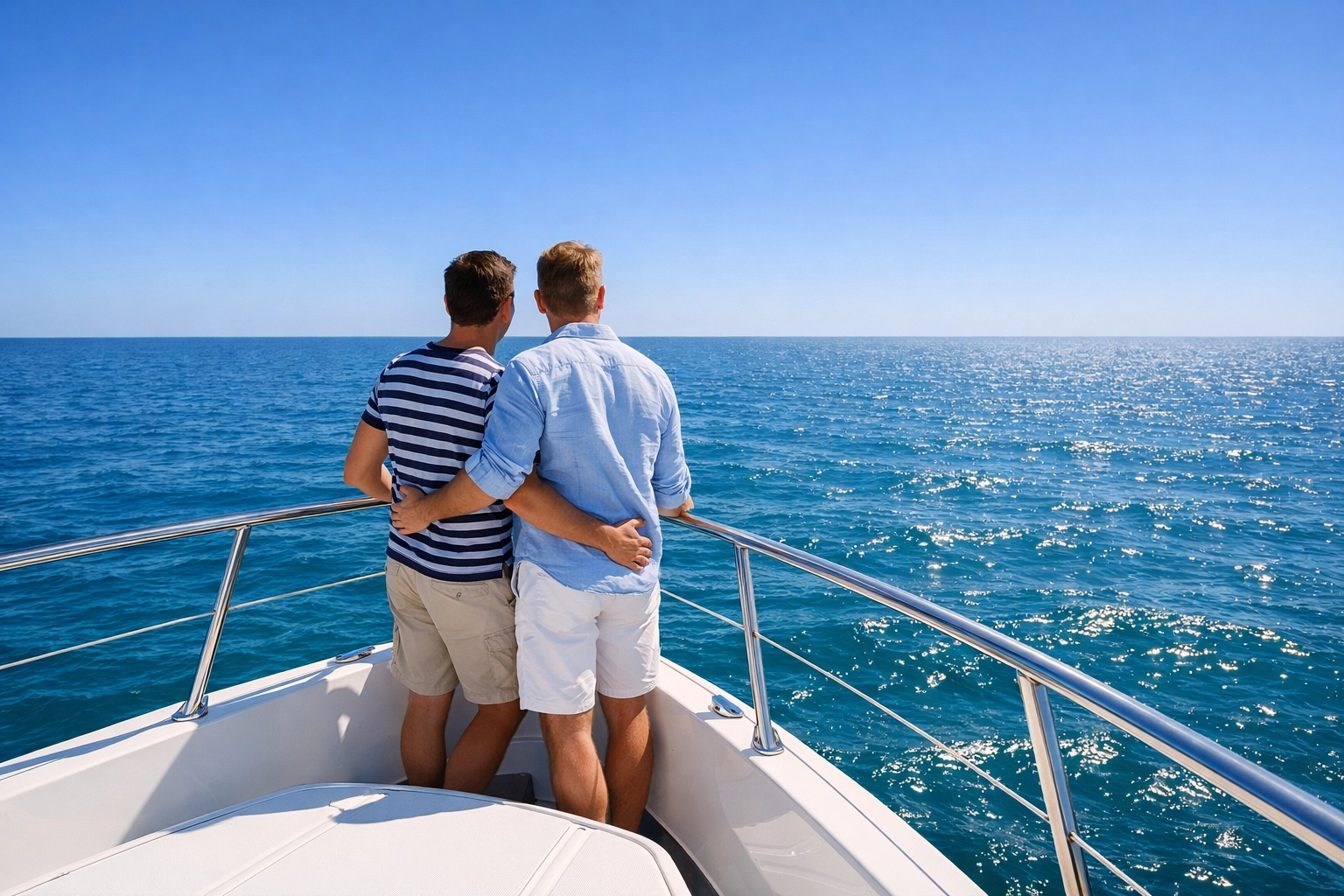 Two men sharing a romantic moment on a modern yacht, illustrating contemporary gay love stories at sea.
