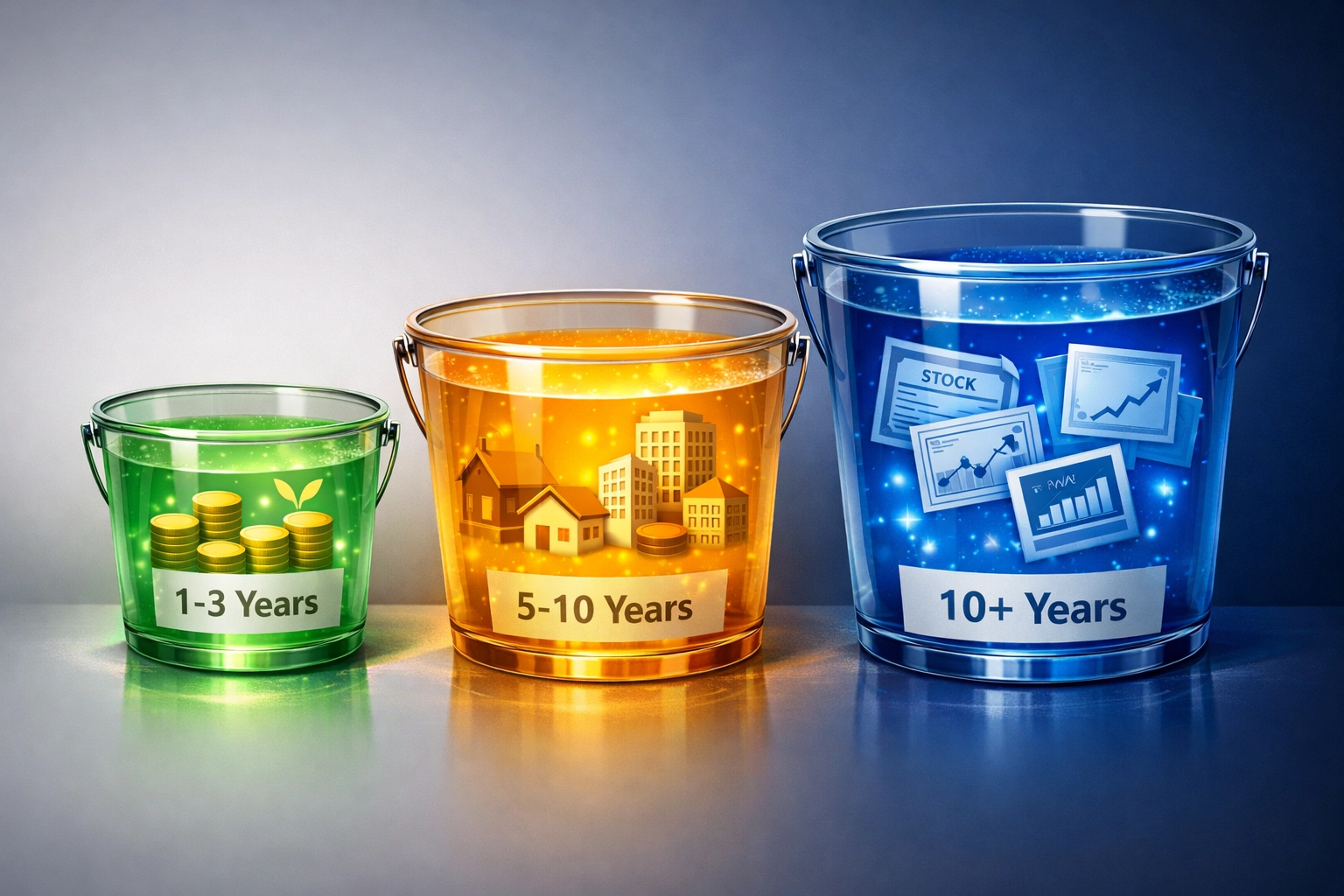 Three investment buckets illustrating time-based portfolio allocation strategy for wealth management