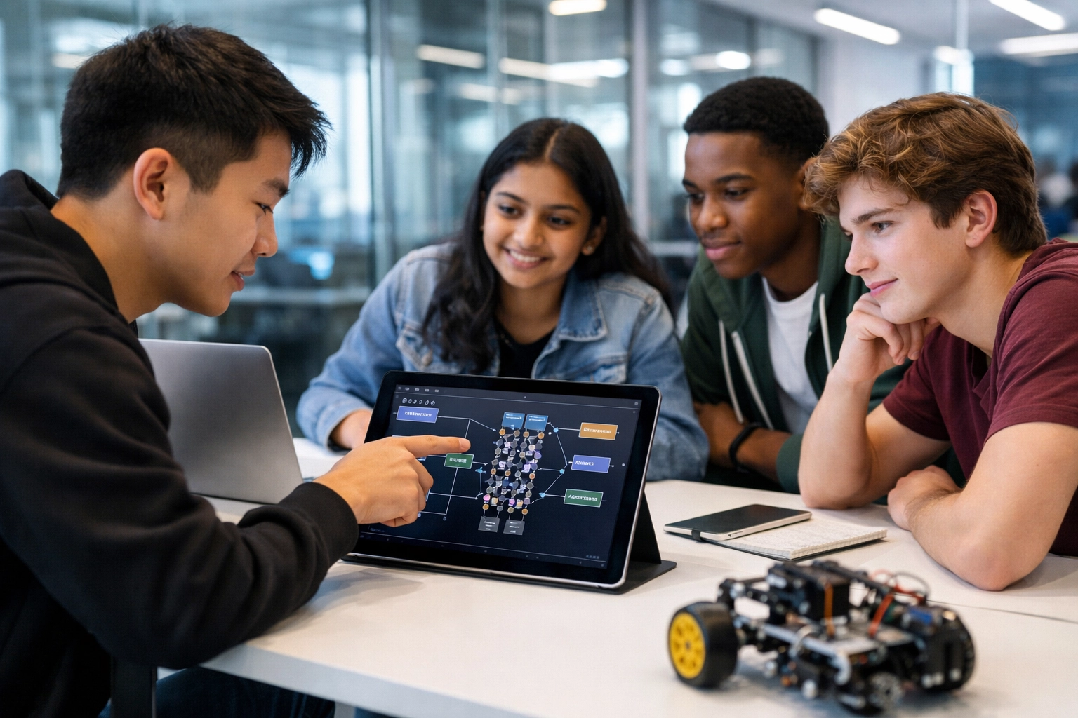 Students collaborating on AI architecture during a technical internship session.