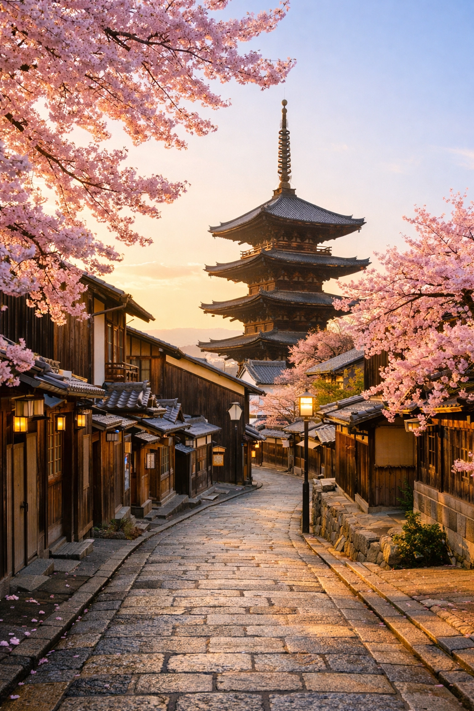 Traditional wooden pagoda and cherry blossoms on a serene Kyoto street for a romantic Japan honeymoon.