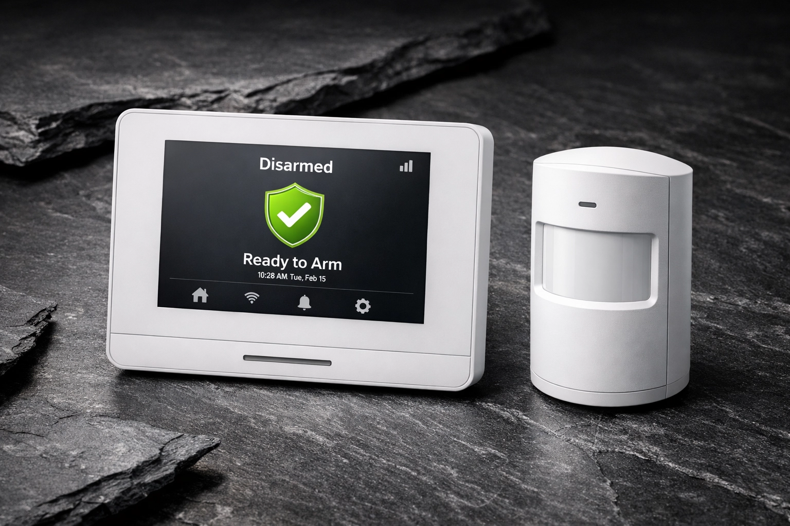 Wireless security system components including a touchscreen control panel and PIR motion sensor.