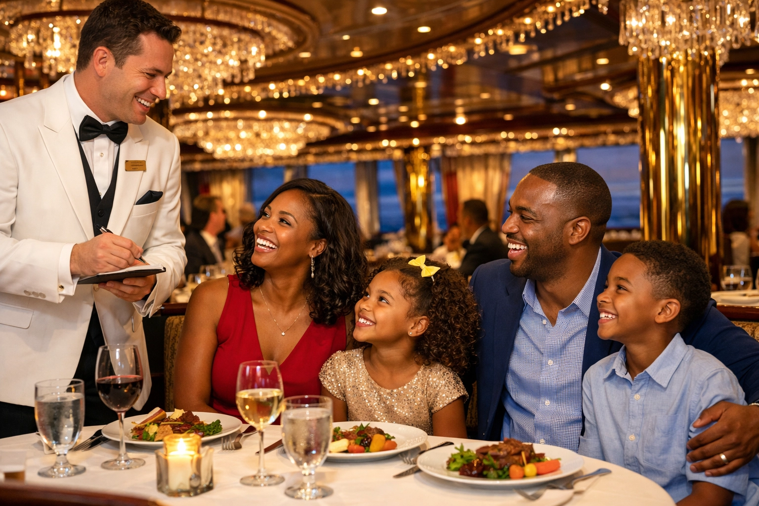A happy family enjoys a themed dinner while on a Royal Caribbean or Disney cruise vacation.