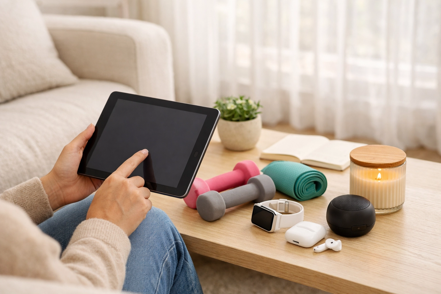 Relaxed online shopping at home with fitness accessories and gadgets on table