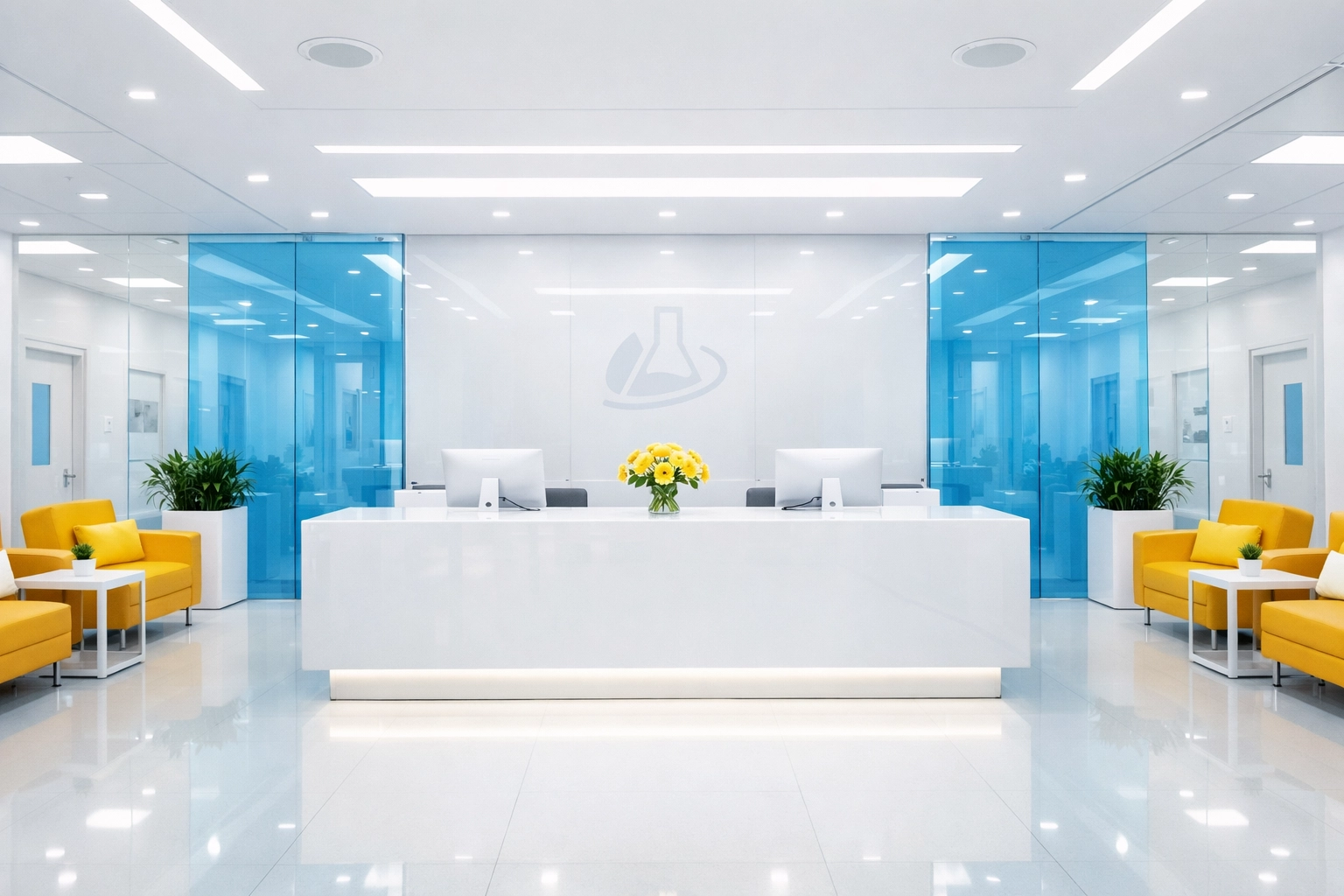 Sanitized biotech lab lobby in Massachusetts maintained by professional commercial janitorial services.