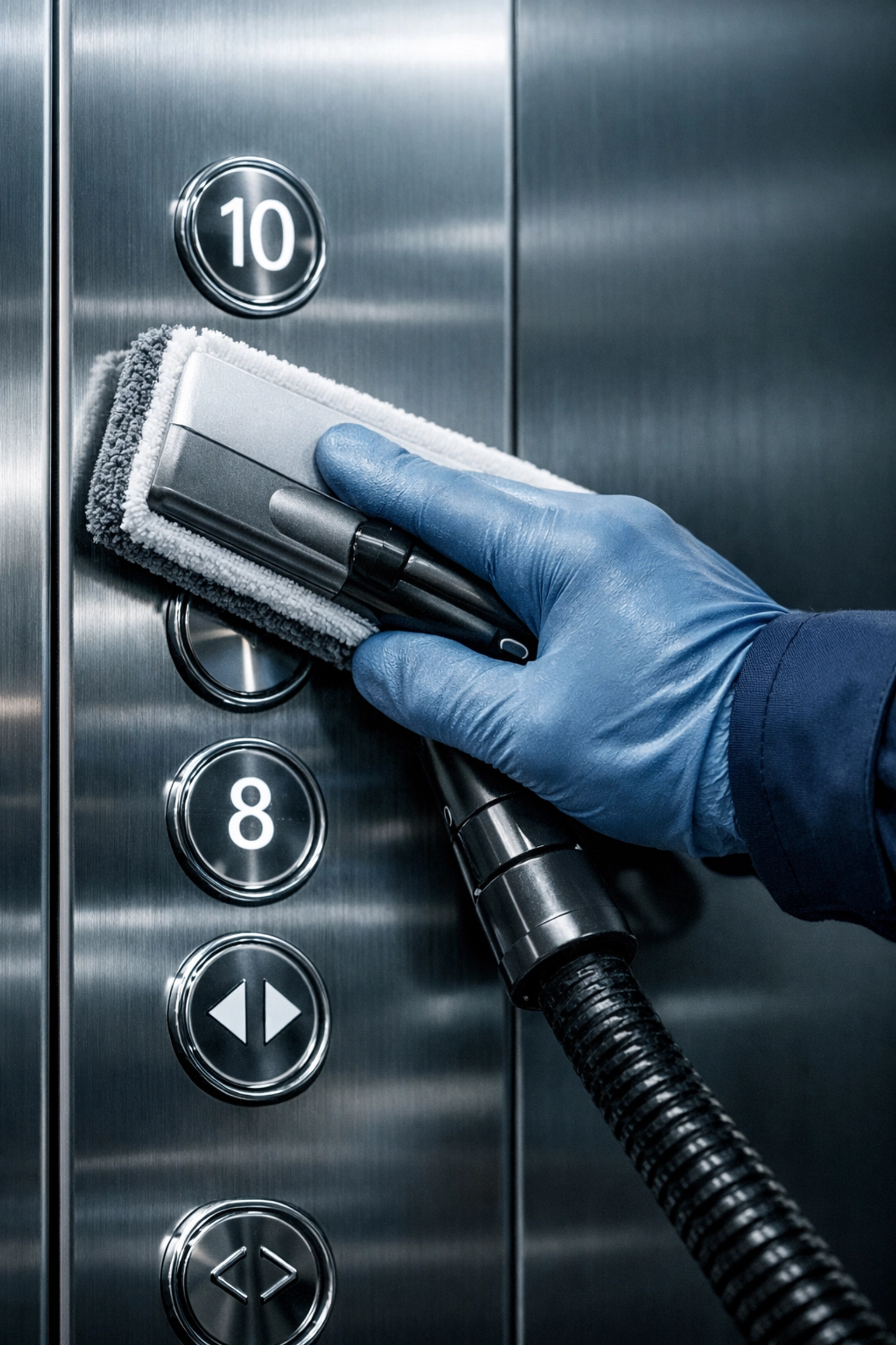 Close-up of professional janitorial staff sanitizing high-touch surfaces in a Wilmington office building.